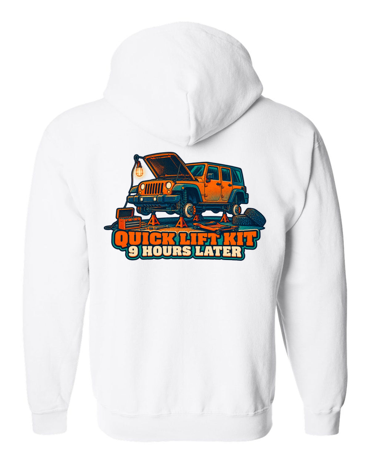 Risograph-style print of a Jeep Wrangler JKU four-door with lift kit joke text white zip hoodie back view with the design