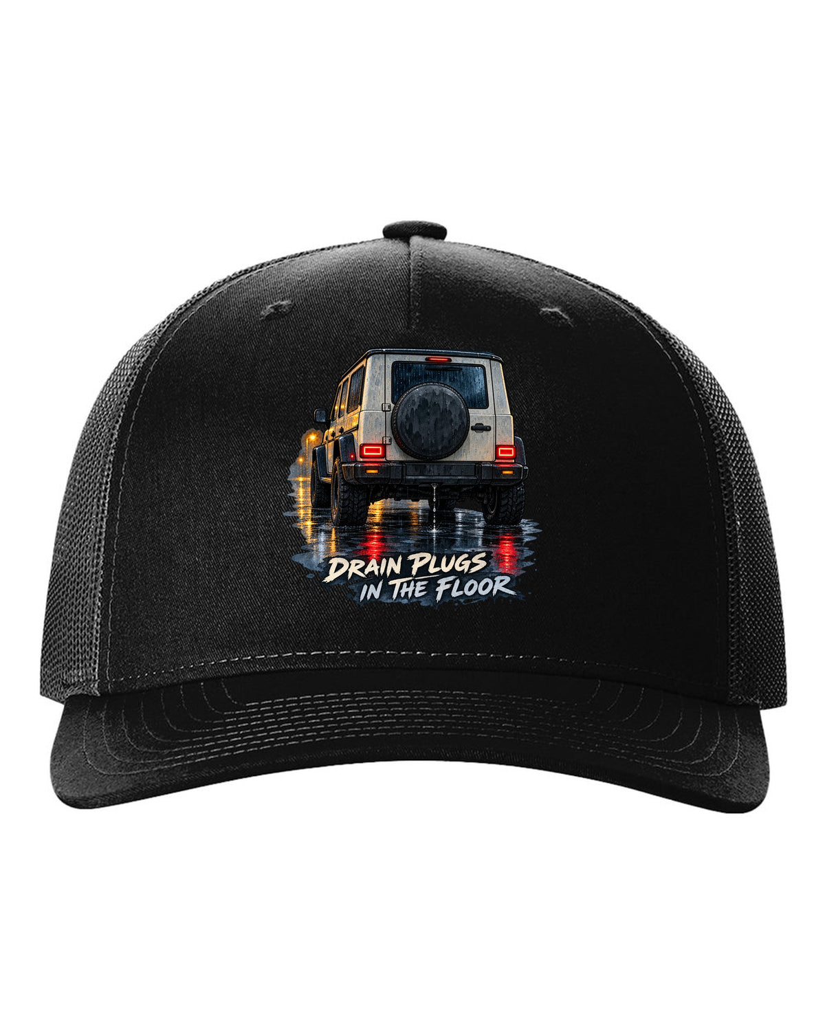 Jeep Wrangler JL taillight reflections on wet road in watercolour with drain plugs in the floor text black hat front view with the design