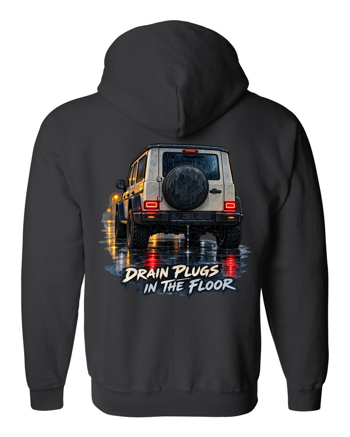 Jeep Wrangler JL taillight reflections on wet road in watercolour with drain plugs in the floor text black zip hoodie back view with the design