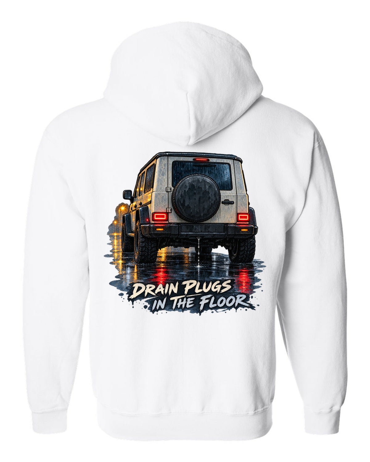Jeep Wrangler JL taillight reflections on wet road in watercolour with drain plugs in the floor text white zip hoodie back view with the design
