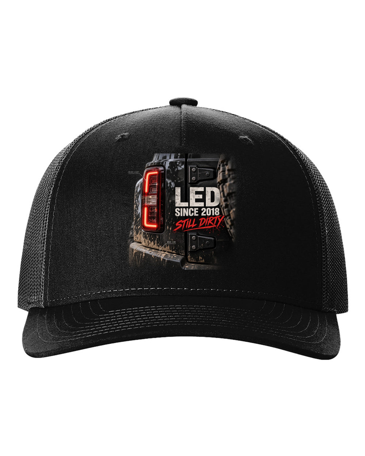 Jeep Wrangler JL LED taillight macro with mud line print black hat front view with the design