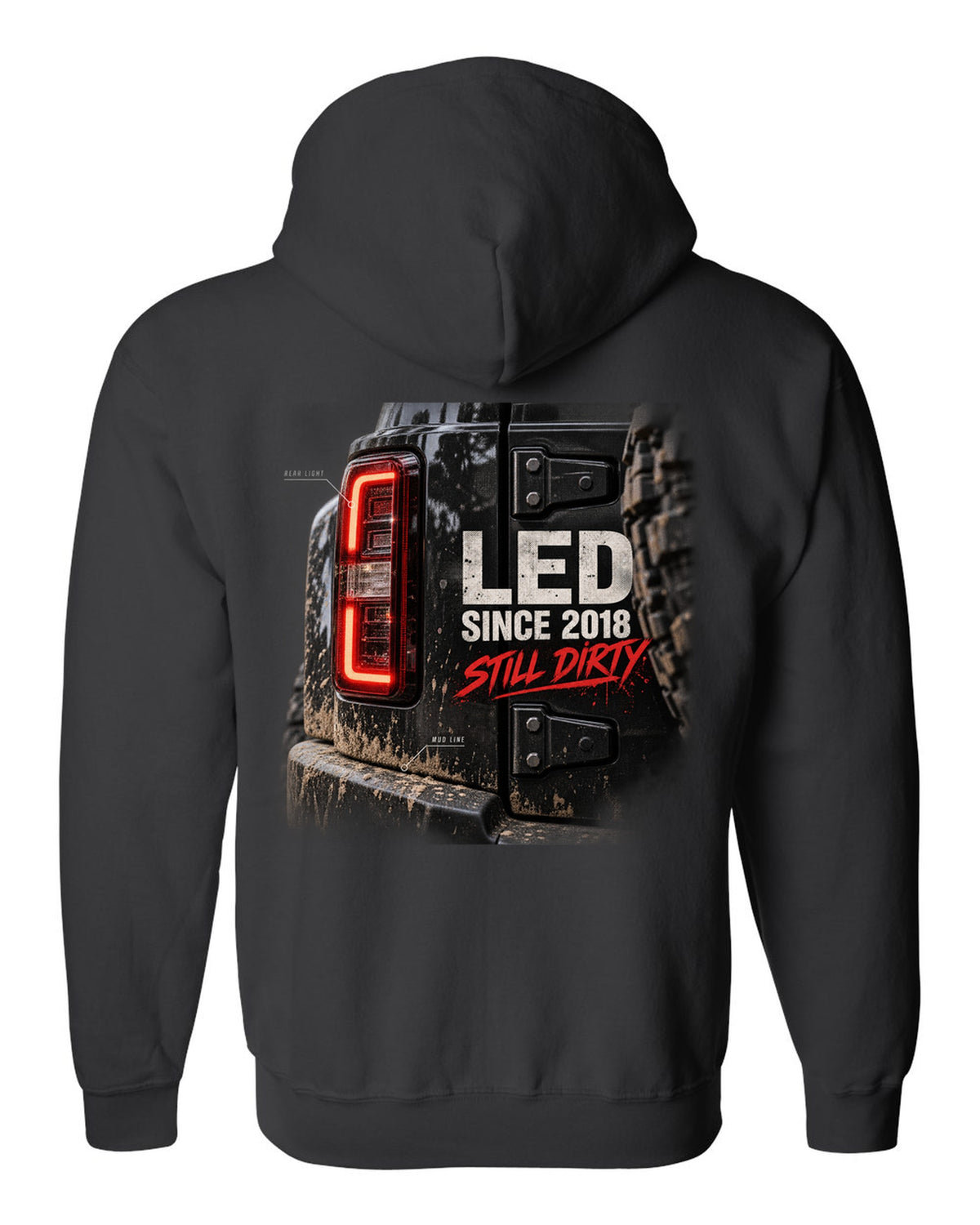 Jeep Wrangler JL LED taillight macro with mud line print black zip hoodie back view with the design