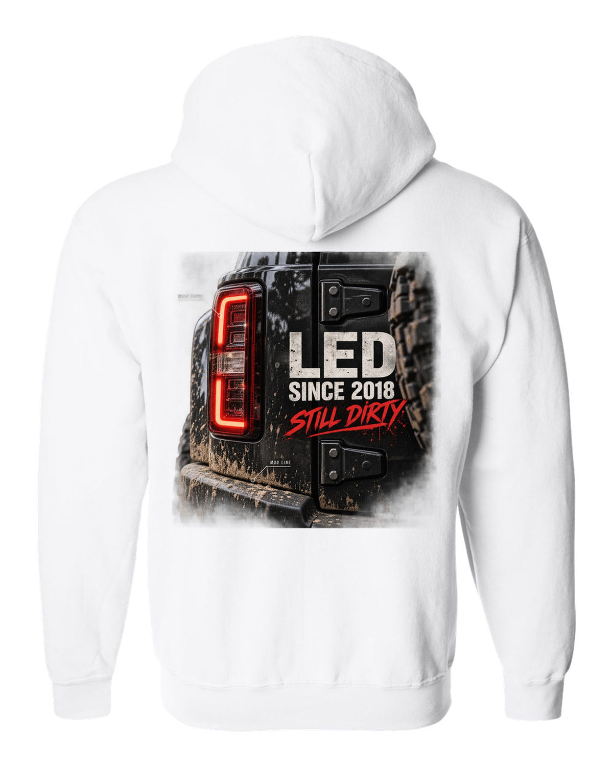 Jeep Wrangler JL LED taillight macro with mud line print white zip hoodie back view with the design