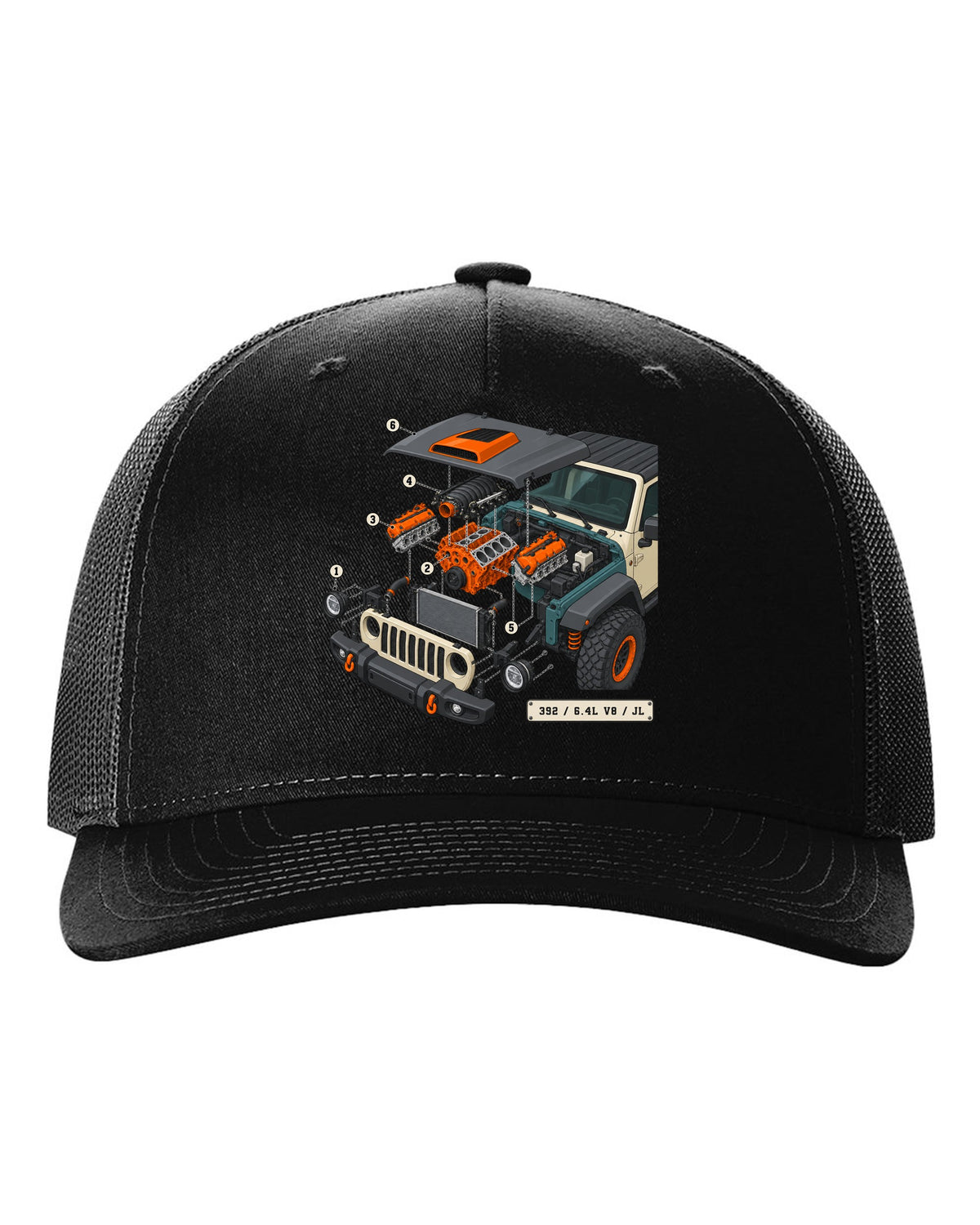 Jeep Wrangler JL Rubicon 392 6.4L V8 isometric exploded engine diagram with callouts black hat front view with the design