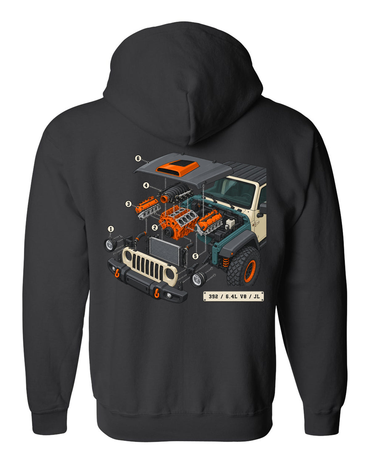 Jeep Wrangler JL Rubicon 392 6.4L V8 isometric exploded engine diagram with callouts black zip hoodie back view with the design