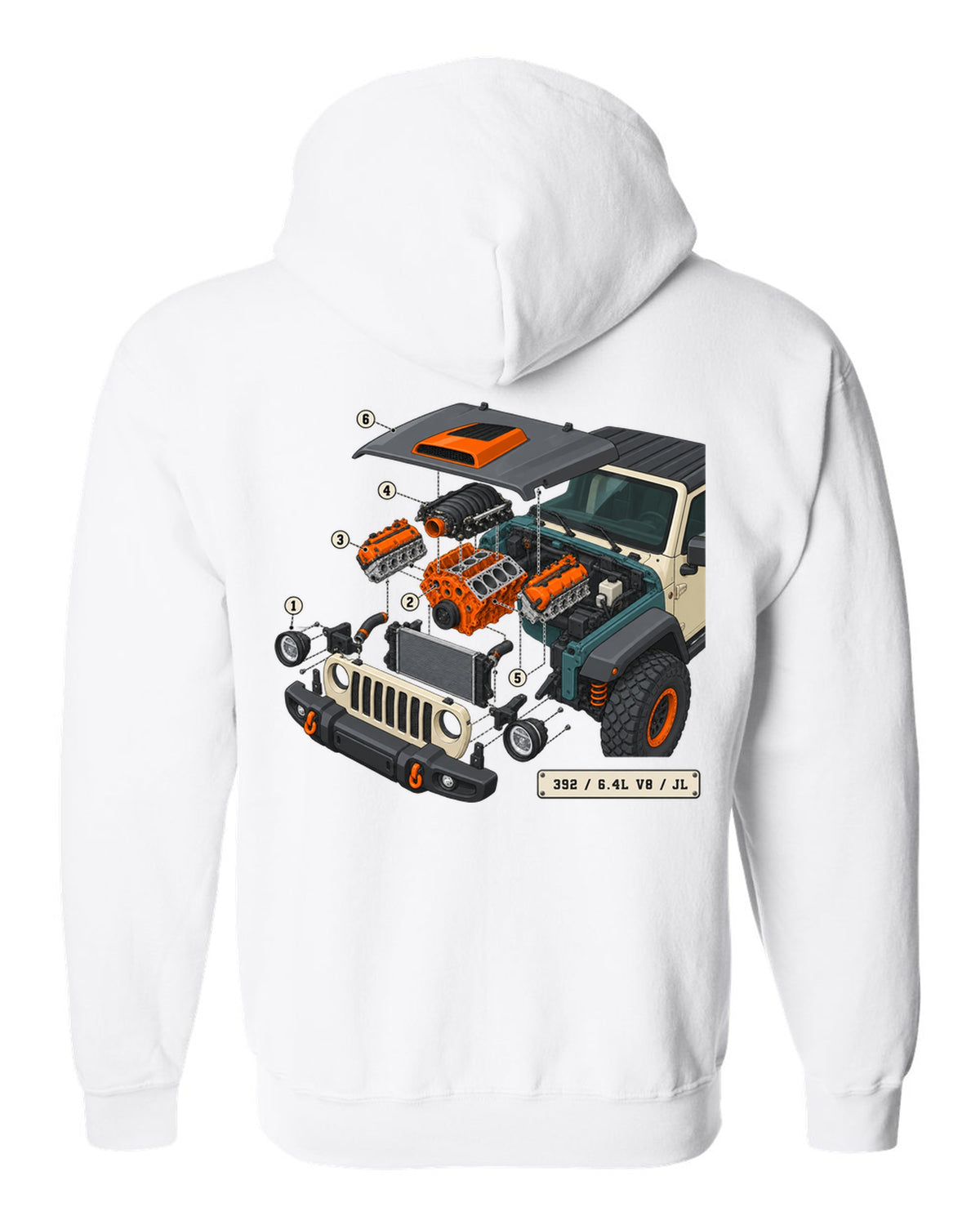 Jeep Wrangler JL Rubicon 392 6.4L V8 isometric exploded engine diagram with callouts white zip hoodie back view with the design