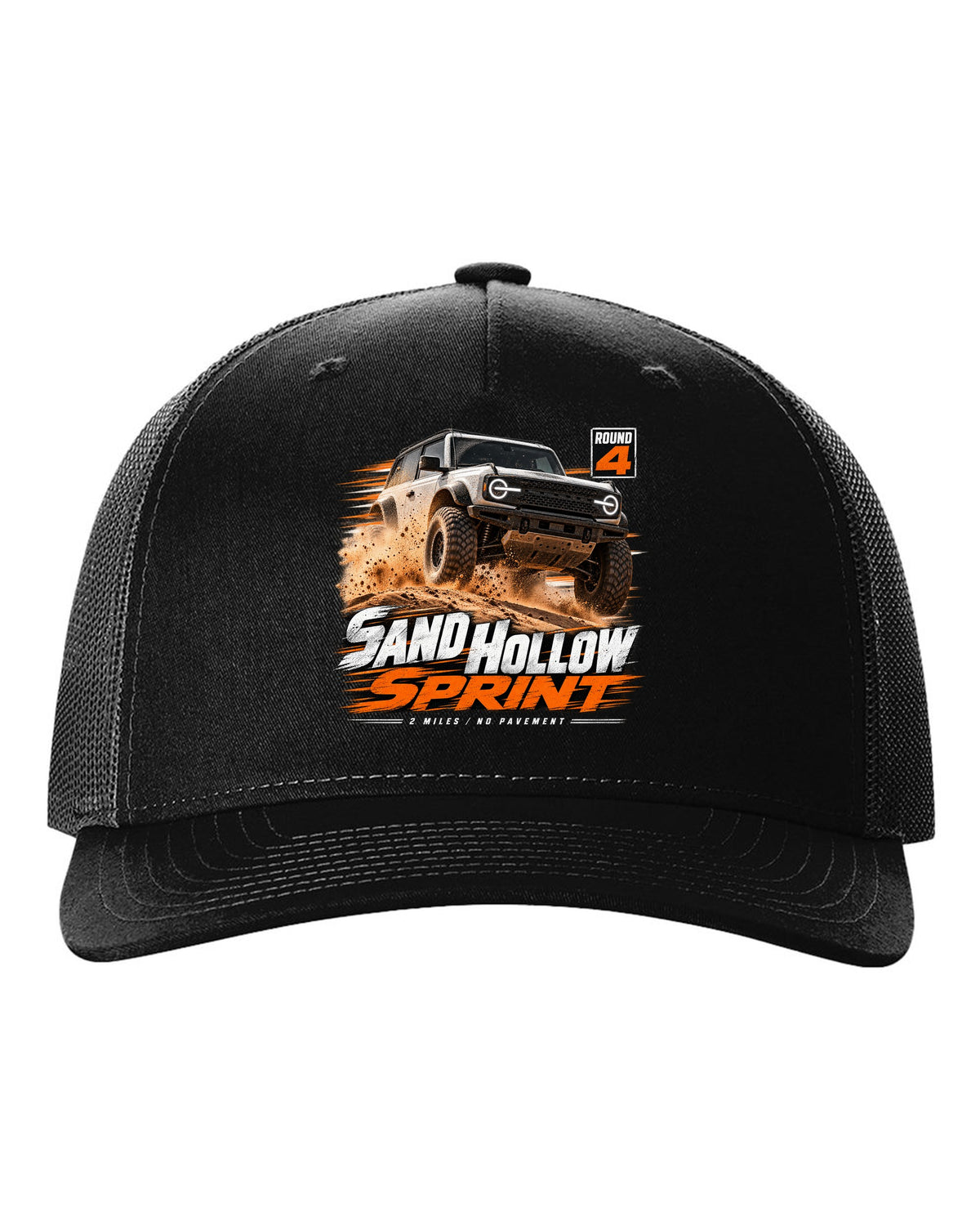 Jeep Wrangler JL dune sprint race poster print with Sand Hollow text black hat front view with the design