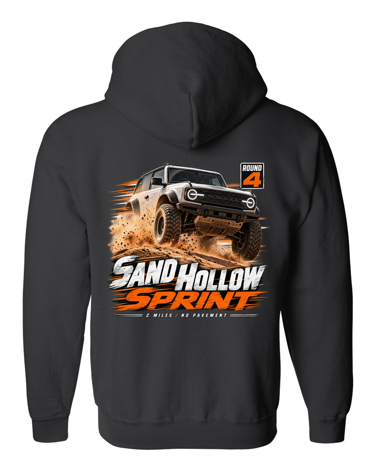 Jeep Wrangler JL dune sprint race poster print with Sand Hollow text black zip hoodie back view with the design