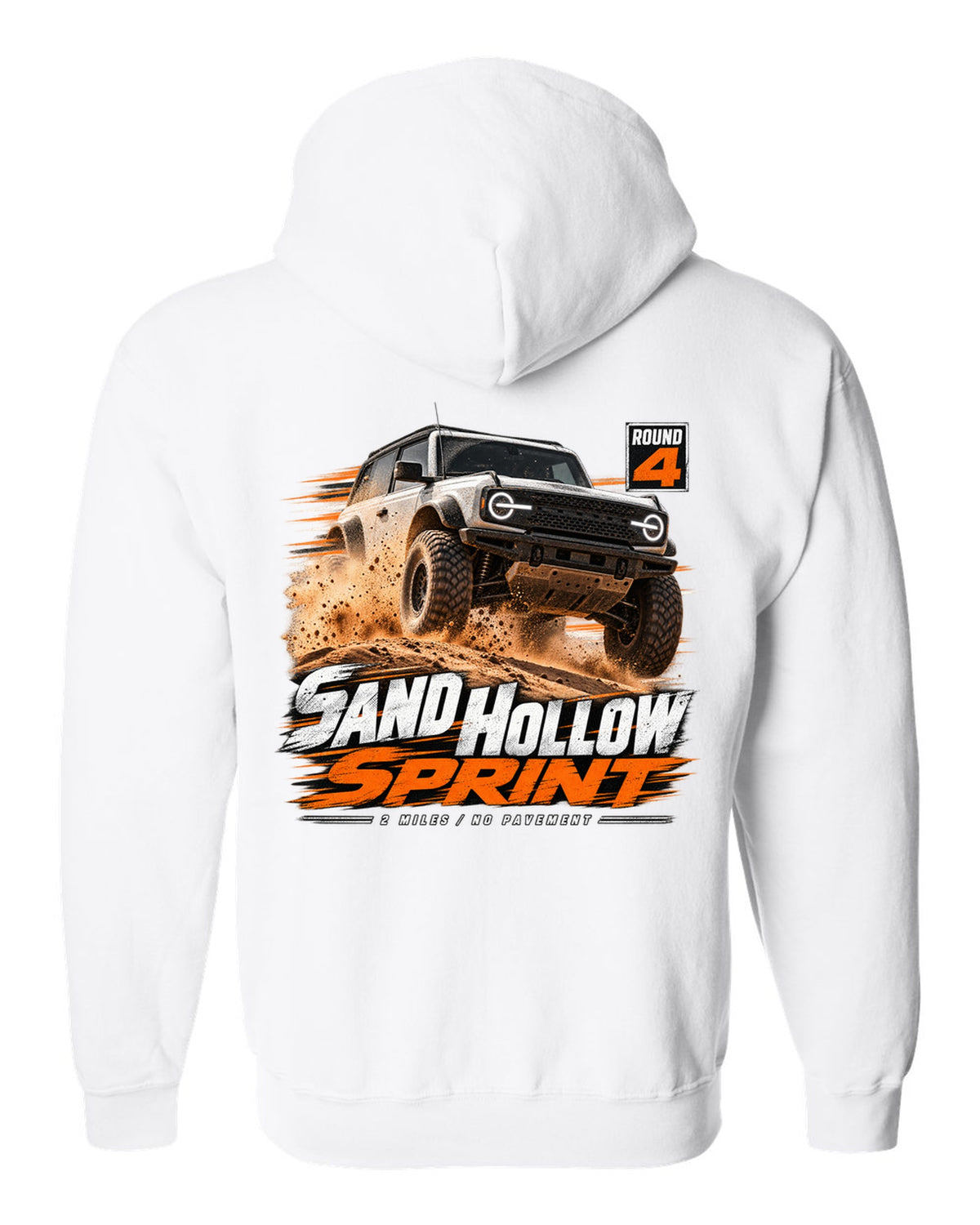 Jeep Wrangler JL dune sprint race poster print with Sand Hollow text white zip hoodie back view with the design