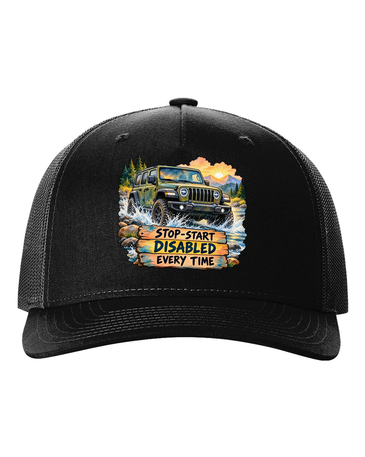 Watercolour night road print of a Jeep Wrangler JL with stop-start disabled text black hat front view with the design