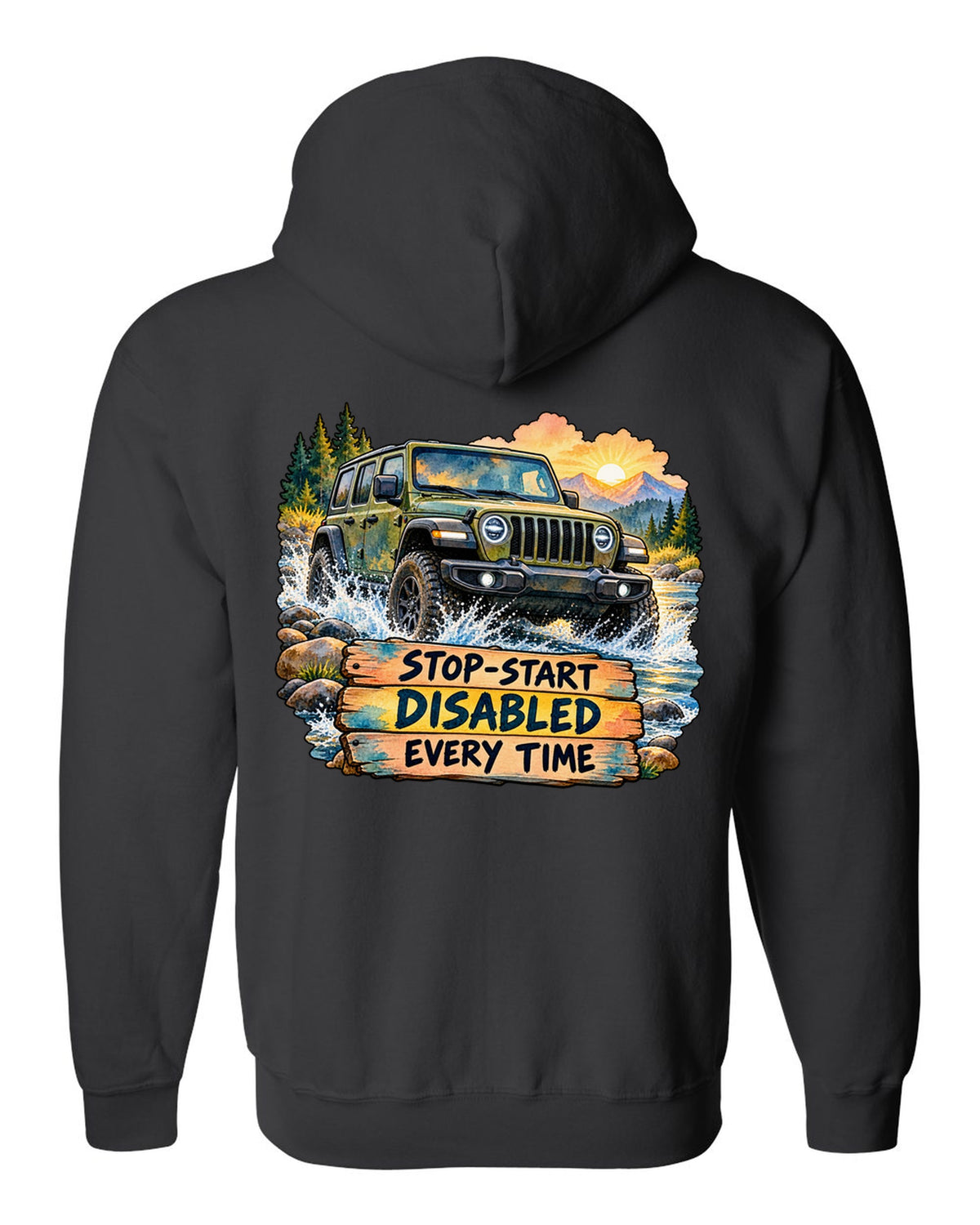 Watercolour night road print of a Jeep Wrangler JL with stop-start disabled text black zip hoodie back view with the design