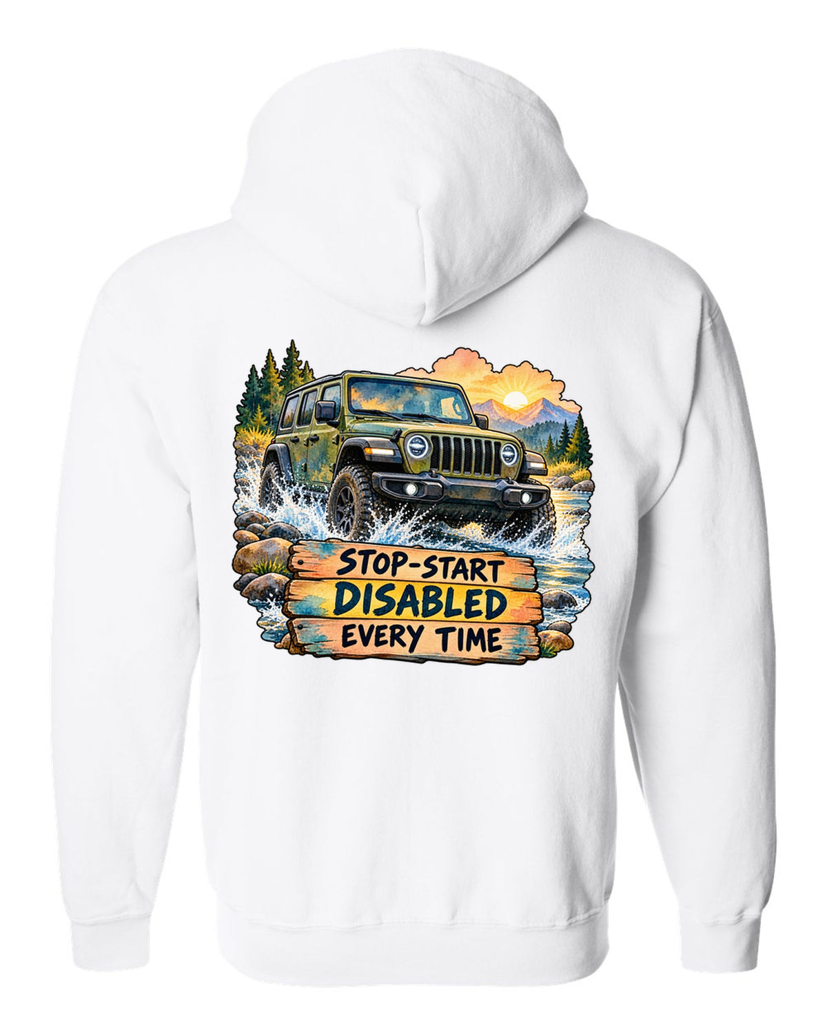 Watercolour night road print of a Jeep Wrangler JL with stop-start disabled text white zip hoodie back view with the design