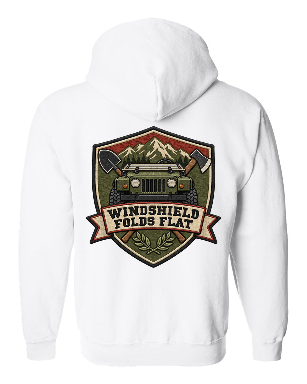 Jeep Wrangler JL embroidery shield crest design with windshield folds flat text white zip hoodie back view with the design