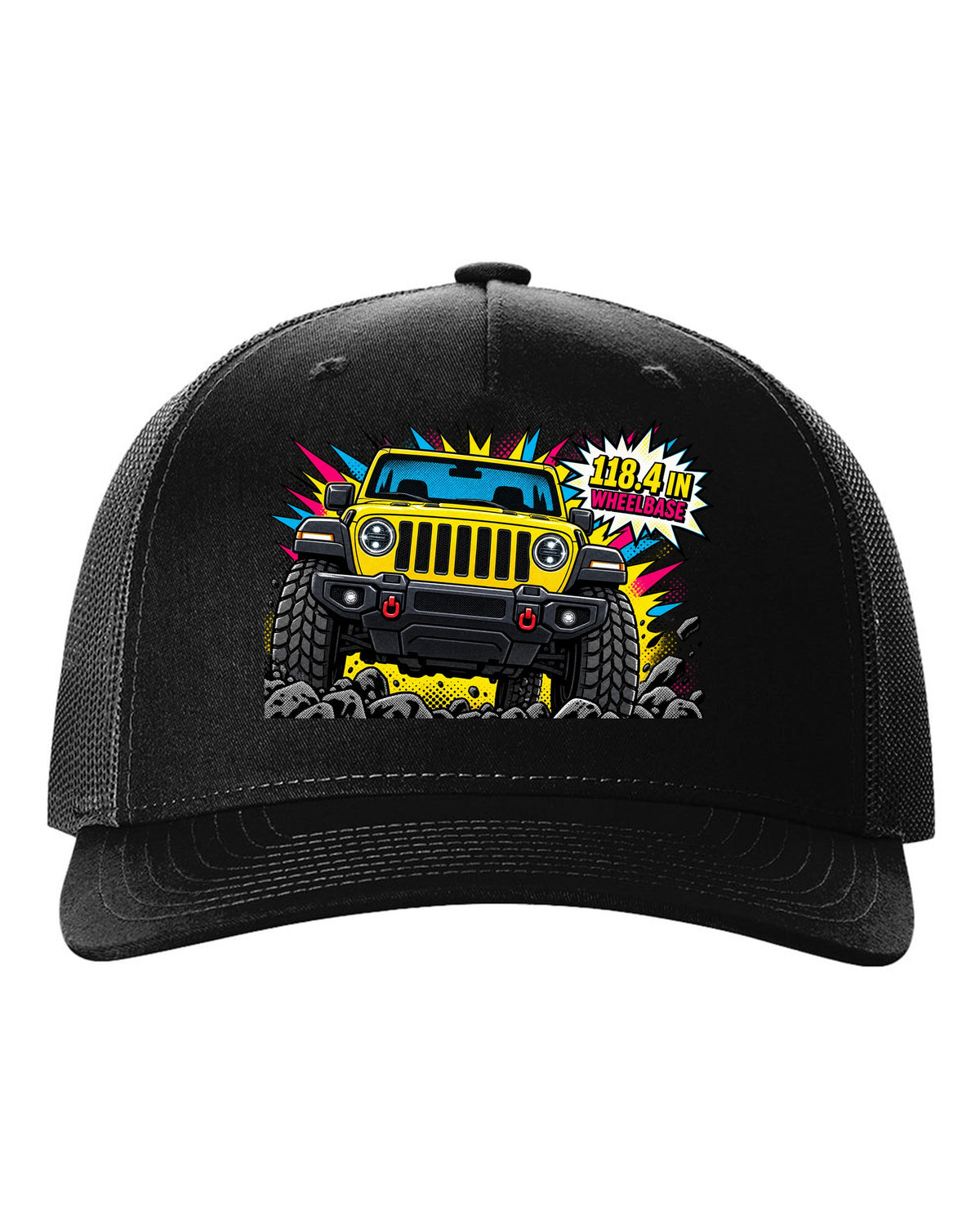 Jeep Wrangler JLU grille and headlight comic halftone pop art with 118.4 in wheelbase text black hat front view with the design