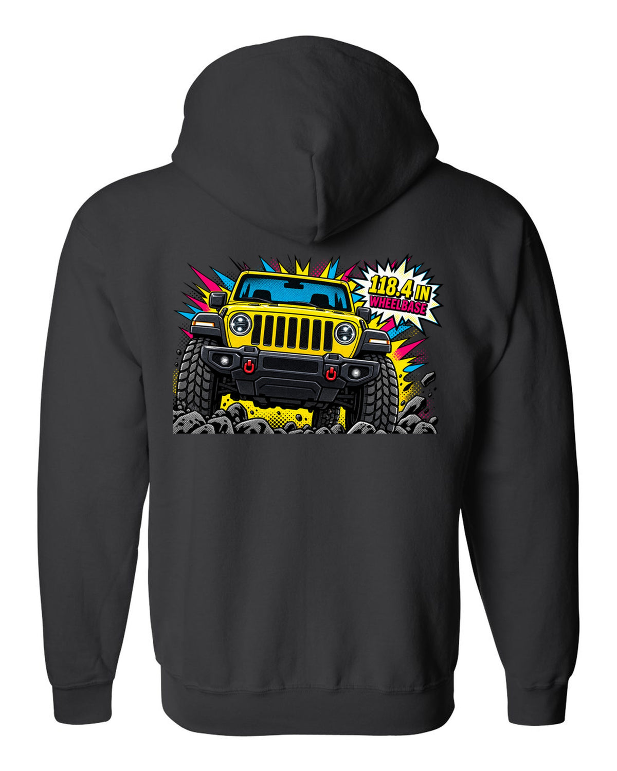 Jeep Wrangler JLU grille and headlight comic halftone pop art with 118.4 in wheelbase text black zip hoodie back view with the design
