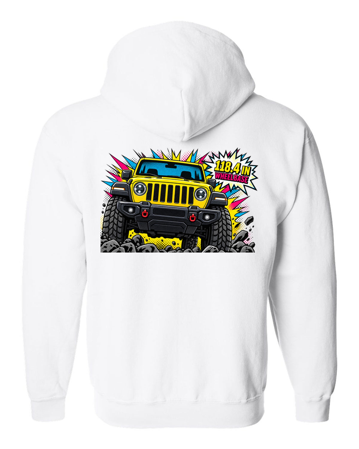 Jeep Wrangler JLU grille and headlight comic halftone pop art with 118.4 in wheelbase text white zip hoodie back view with the design
