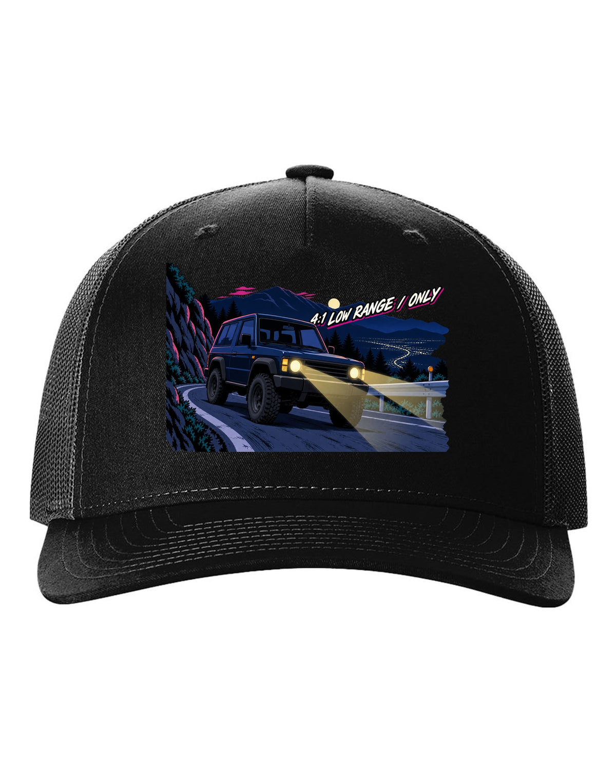 Jeep Wrangler JLU cel-shaded 90s anime night mountain pass with 4:1 low range only text black hat front view with the design