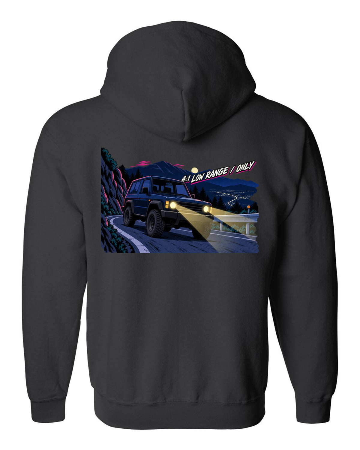 Jeep Wrangler JLU cel-shaded 90s anime night mountain pass with 4:1 low range only text black zip hoodie back view with the design