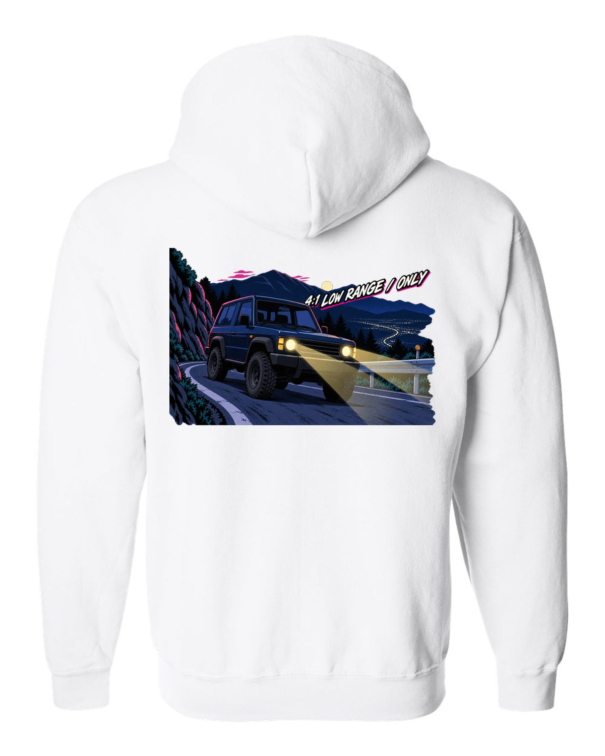 Jeep Wrangler JLU cel-shaded 90s anime night mountain pass with 4:1 low range only text white zip hoodie back view with the design