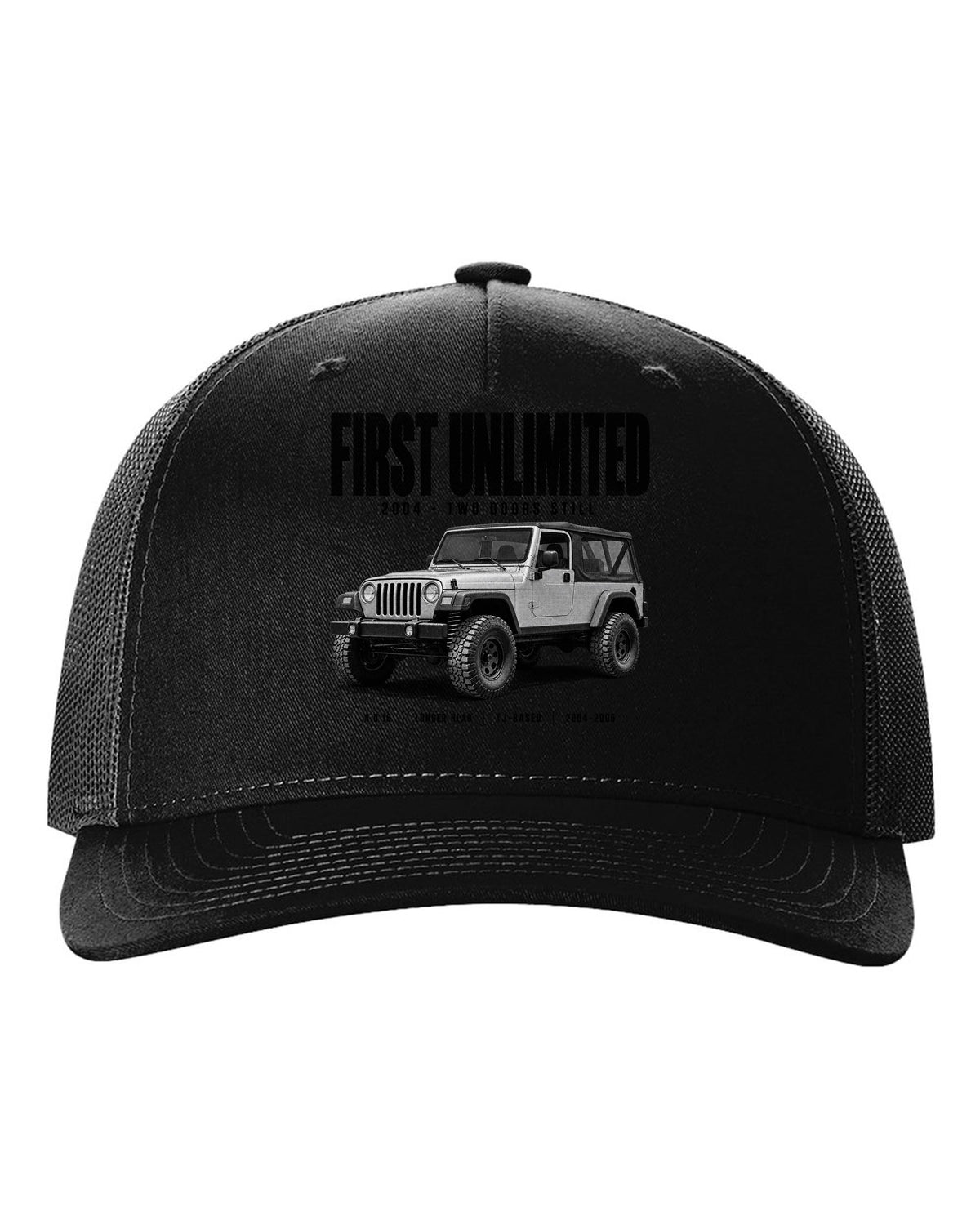 Halftone print for the Jeep Wrangler LJ Unlimited, First Unlimited 2004 black hat front view with the design