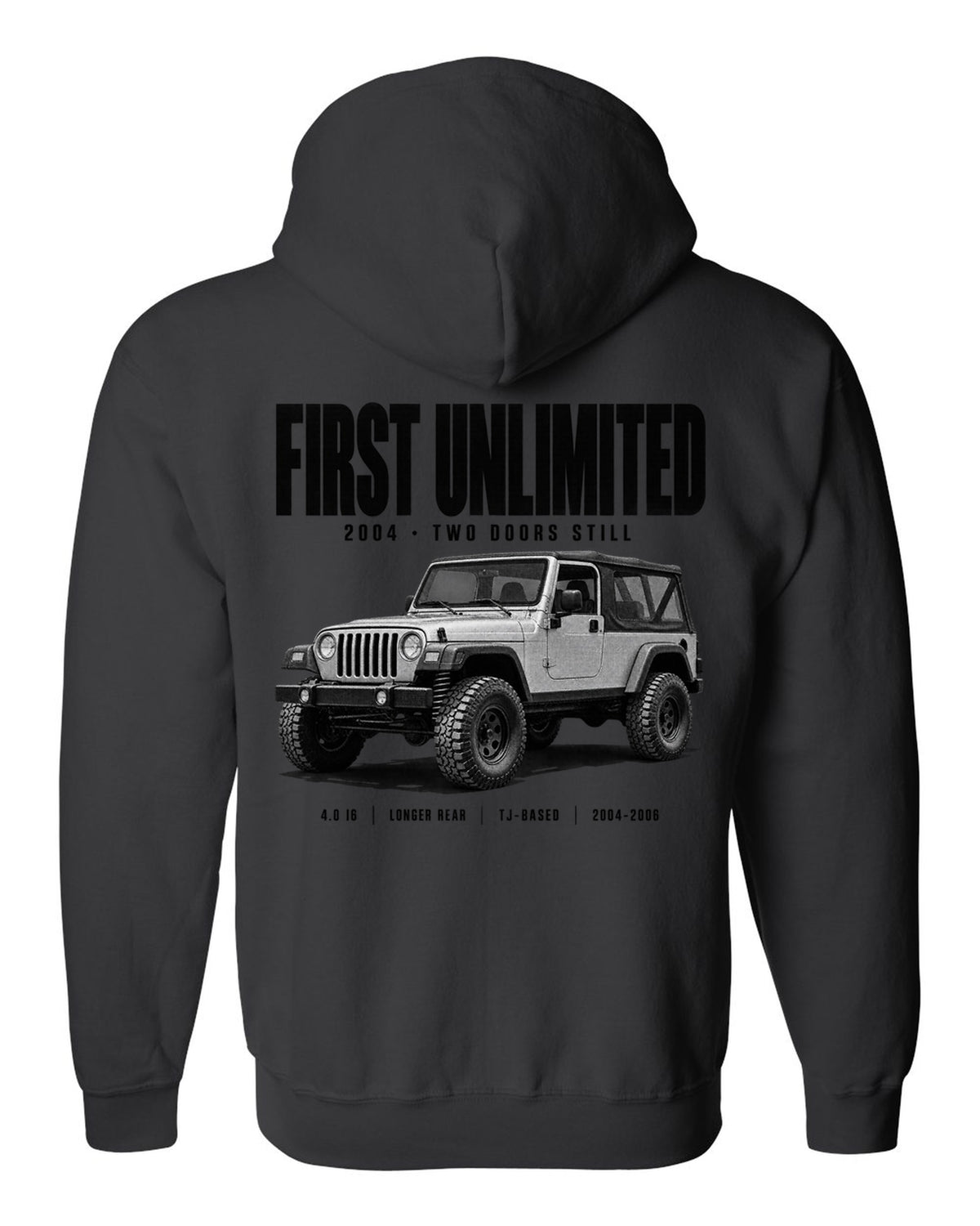 Halftone print for the Jeep Wrangler LJ Unlimited, First Unlimited 2004 black zip hoodie back view with the design