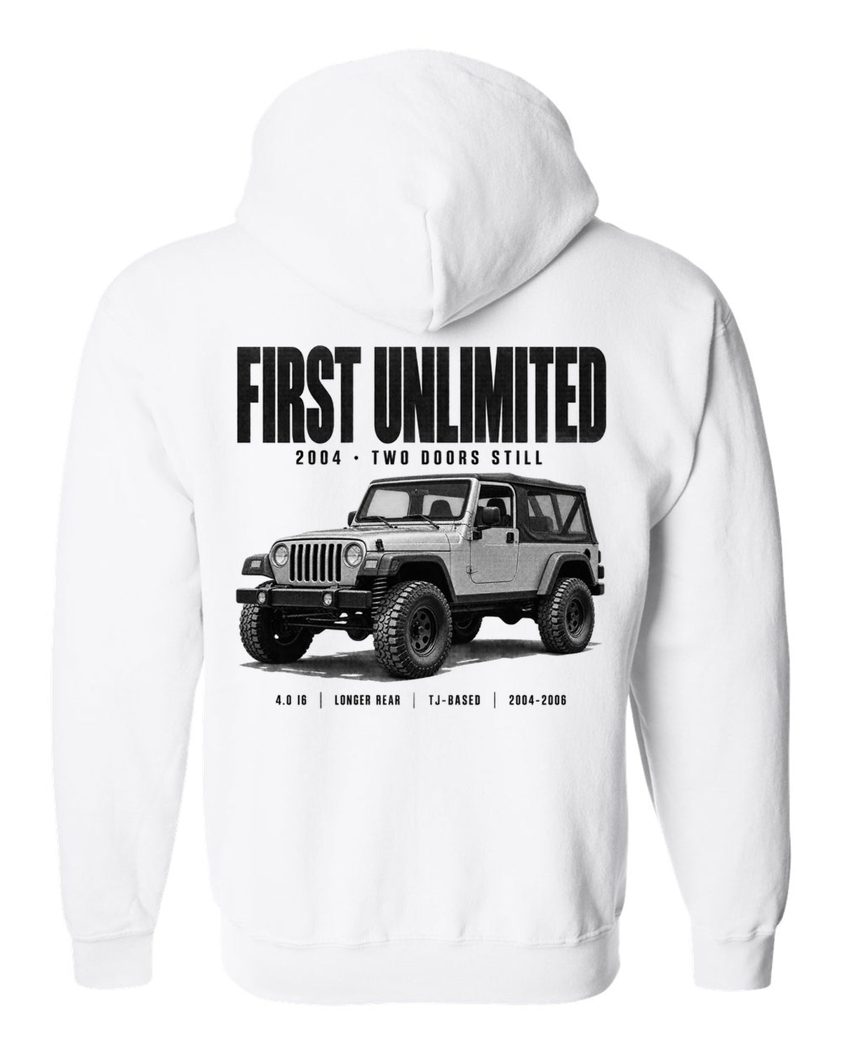 Halftone print for the Jeep Wrangler LJ Unlimited, First Unlimited 2004 white zip hoodie back view with the design