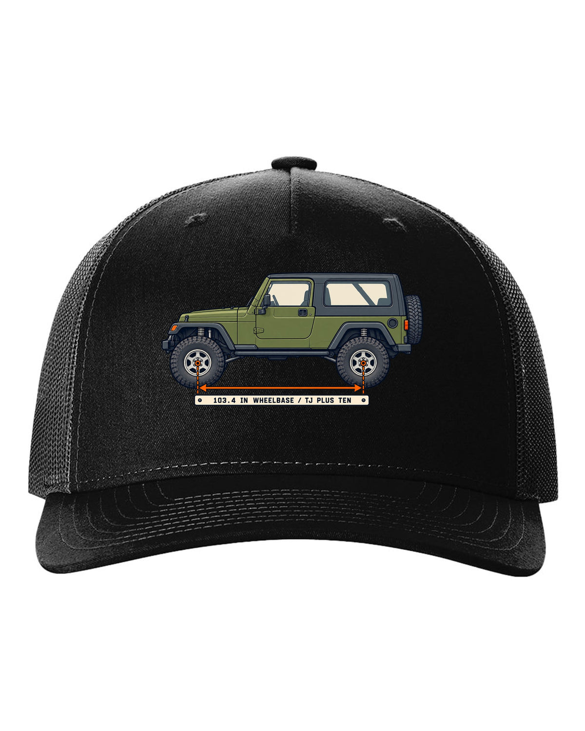Patent-style line drawing of a Jeep Wrangler LJ Unlimited with 103.4 IN WHEELBASE TJ PLUS TEN lettering black hat front view with the design