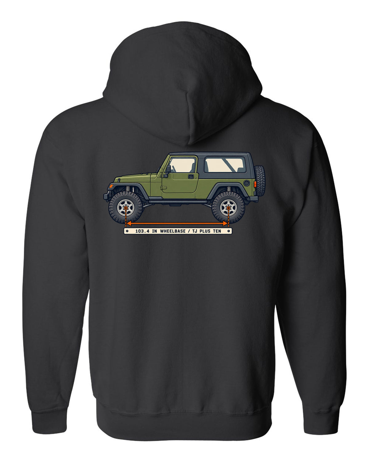 Patent-style line drawing of a Jeep Wrangler LJ Unlimited with 103.4 IN WHEELBASE TJ PLUS TEN lettering black zip hoodie back view with the design