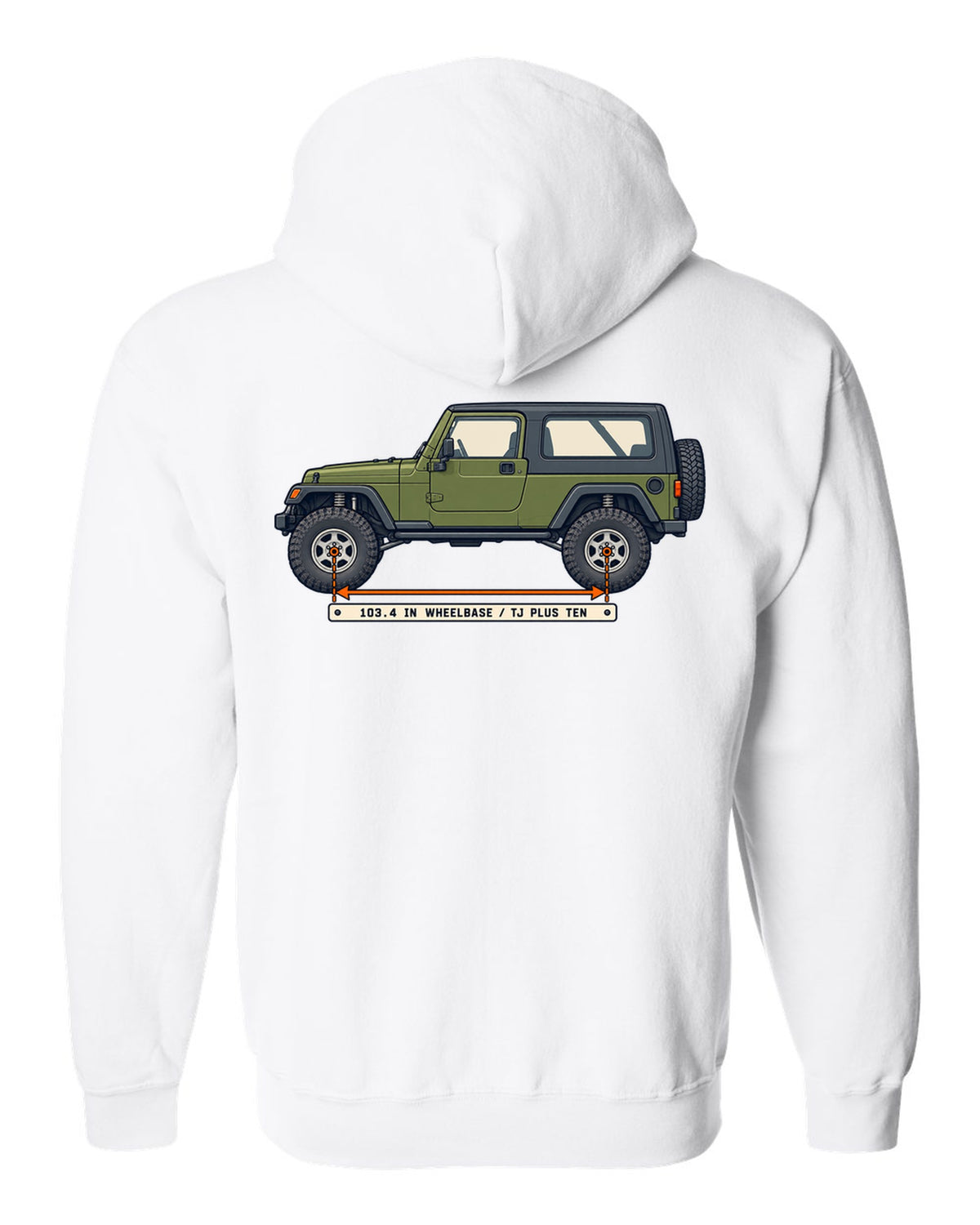 Patent-style line drawing of a Jeep Wrangler LJ Unlimited with 103.4 IN WHEELBASE TJ PLUS TEN lettering white zip hoodie back view with the design