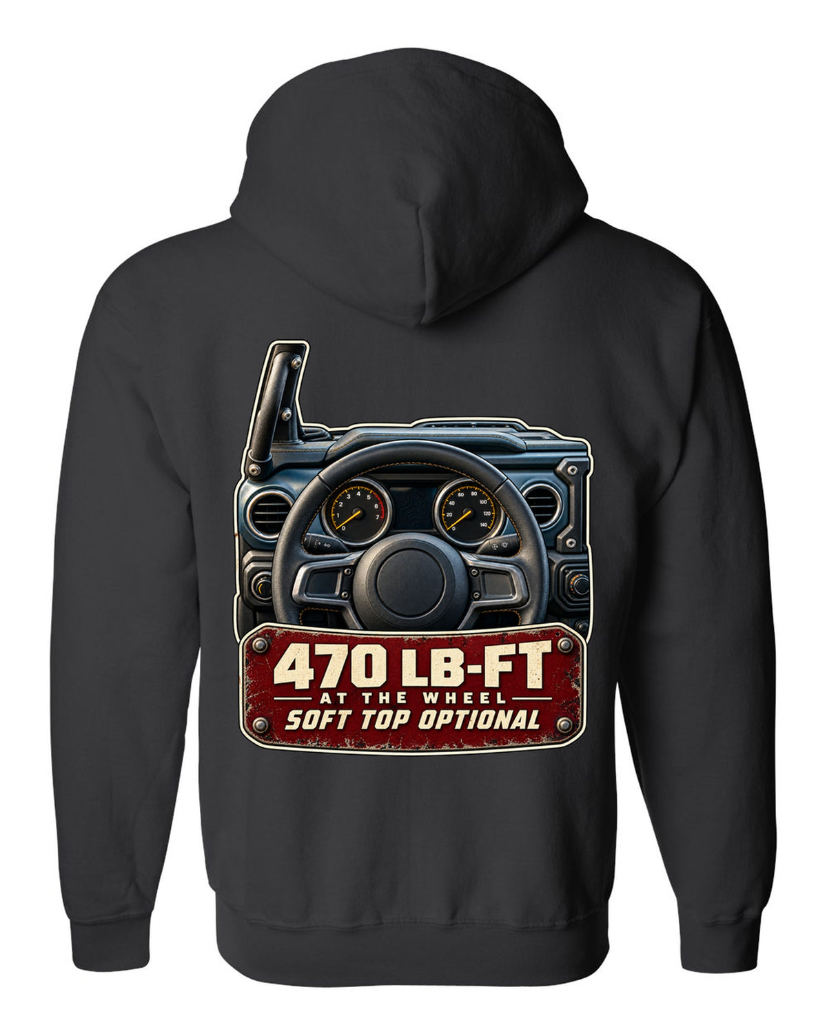 Gauge cluster print for the Jeep Wrangler Rubicon 392 with torque callout black zip hoodie back view with the design