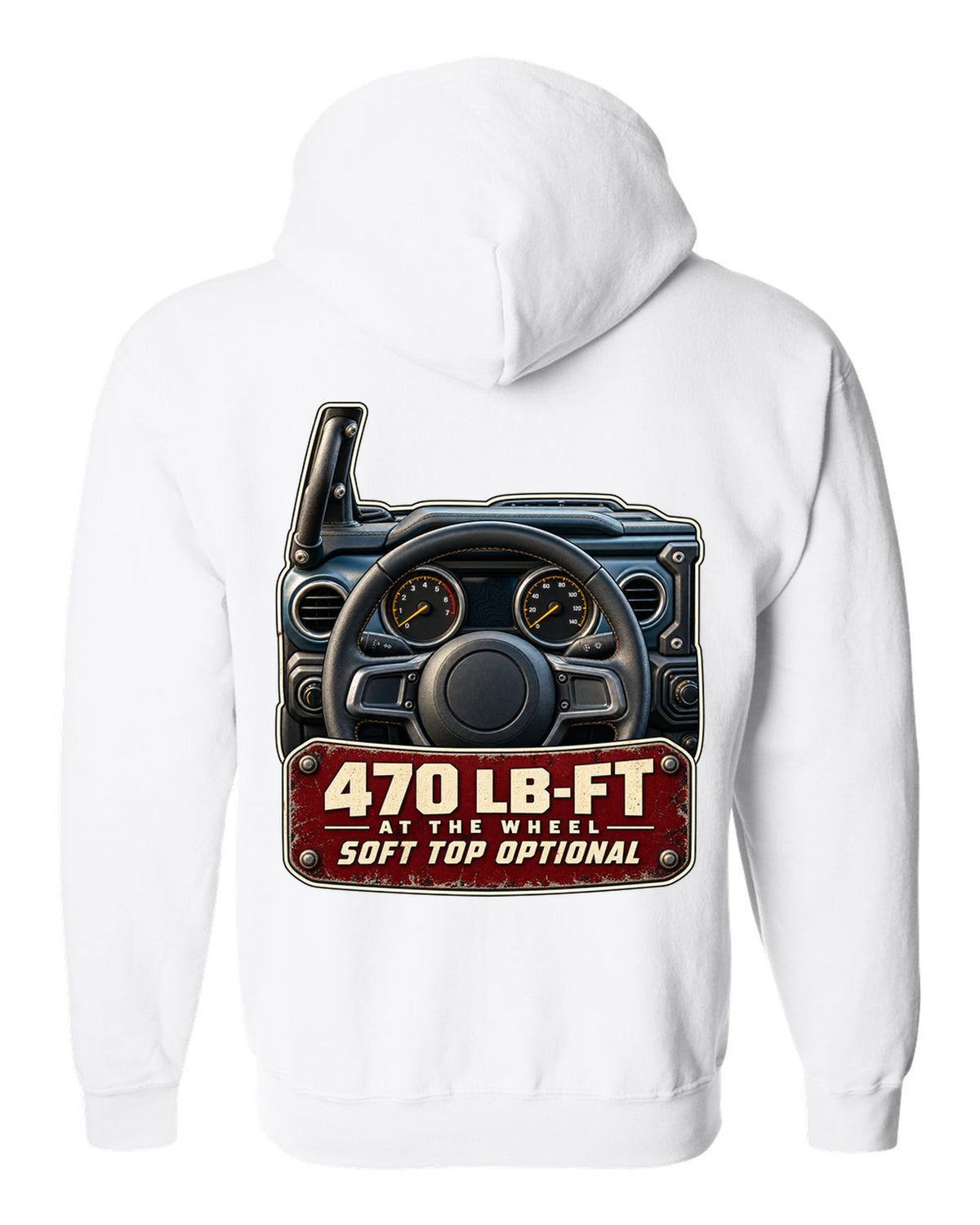 Gauge cluster print for the Jeep Wrangler Rubicon 392 with torque callout white zip hoodie back view with the design