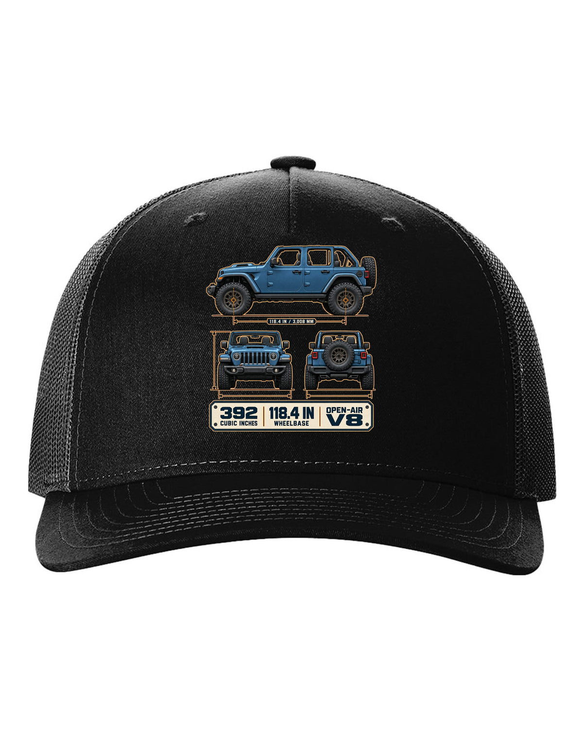 Dimension blueprint print of the Jeep Wrangler Rubicon 392 JL showing wheelbase and V8 black hat front view with the design
