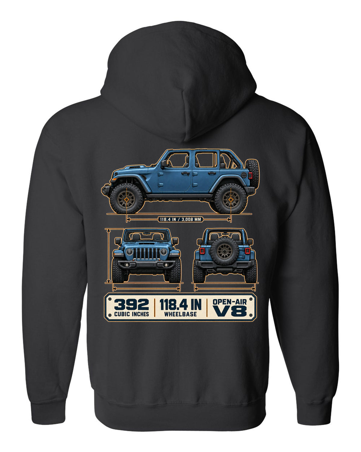 Dimension blueprint print of the Jeep Wrangler Rubicon 392 JL showing wheelbase and V8 black zip hoodie back view with the design