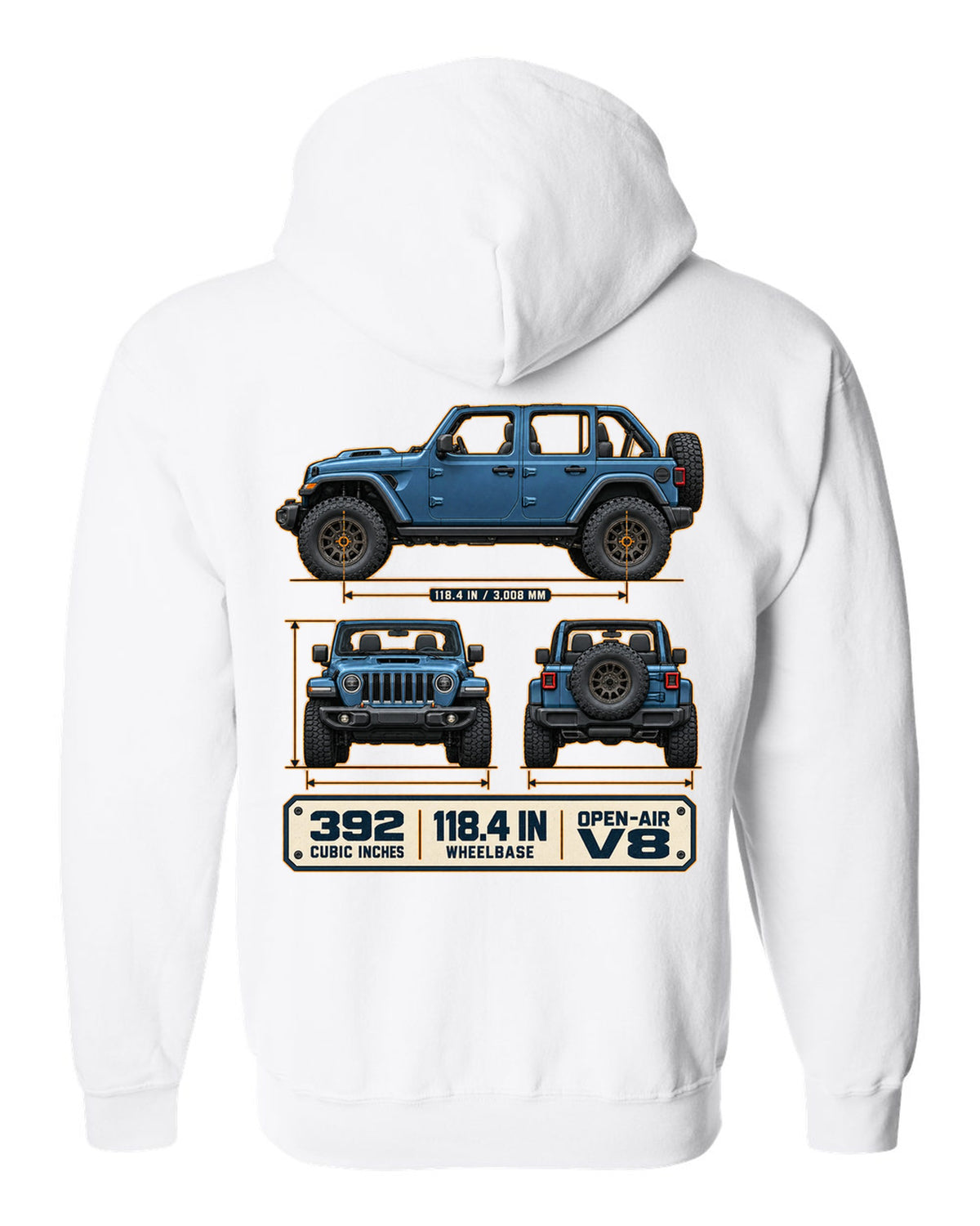 Dimension blueprint print of the Jeep Wrangler Rubicon 392 JL showing wheelbase and V8 white zip hoodie back view with the design