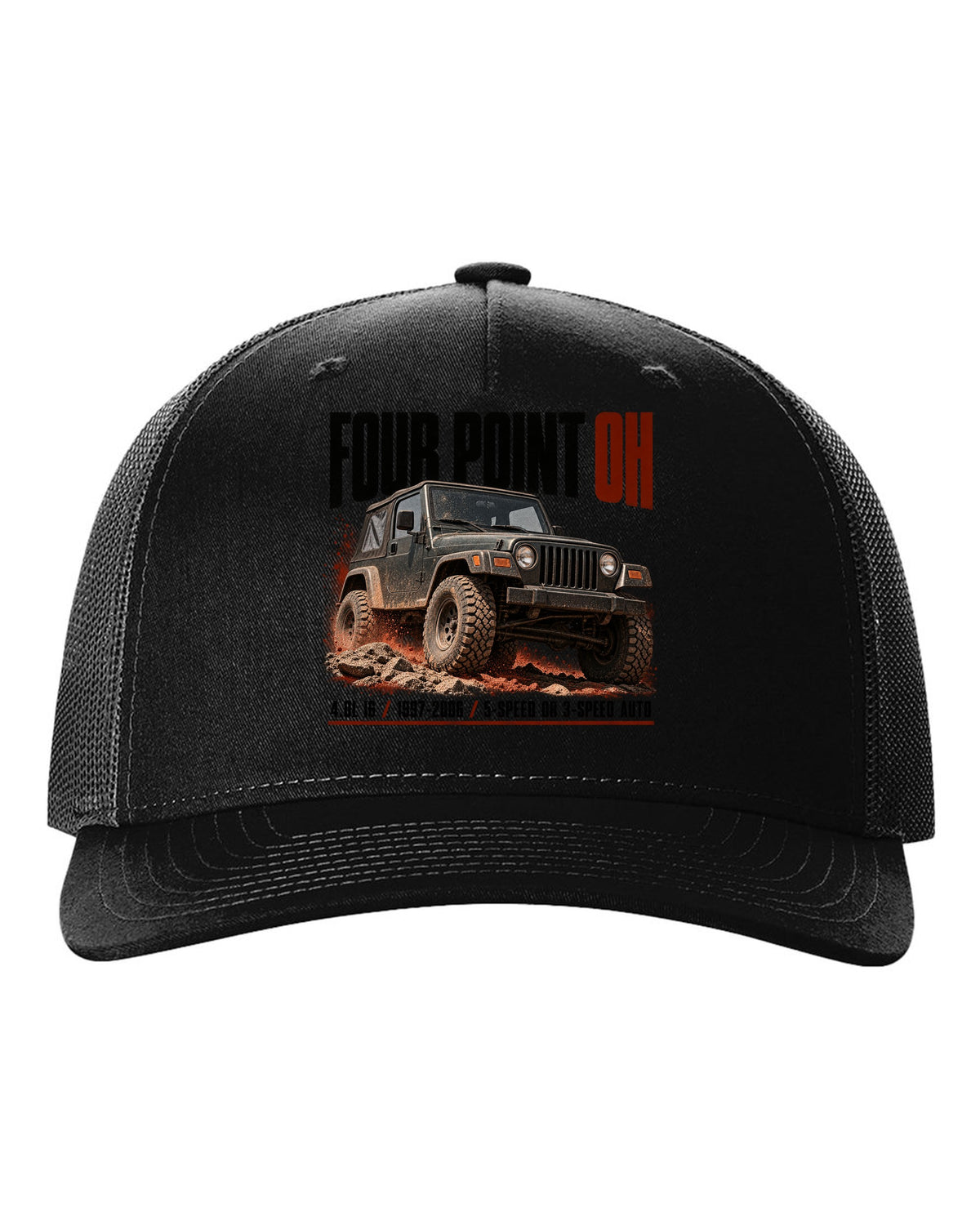 Halftone print for the Jeep Wrangler TJ 4.0L I6, 1997-2006 black hat front view with the design