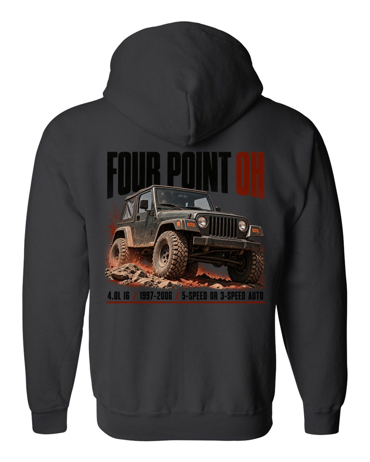 Halftone print for the Jeep Wrangler TJ 4.0L I6, 1997-2006 black zip hoodie back view with the design