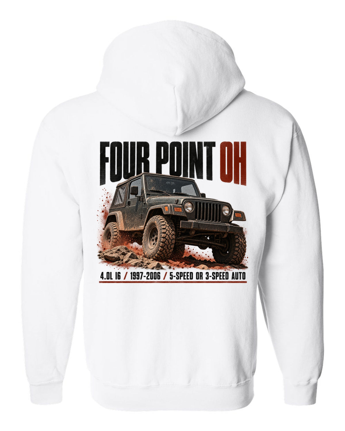 Halftone print for the Jeep Wrangler TJ 4.0L I6, 1997-2006 white zip hoodie back view with the design