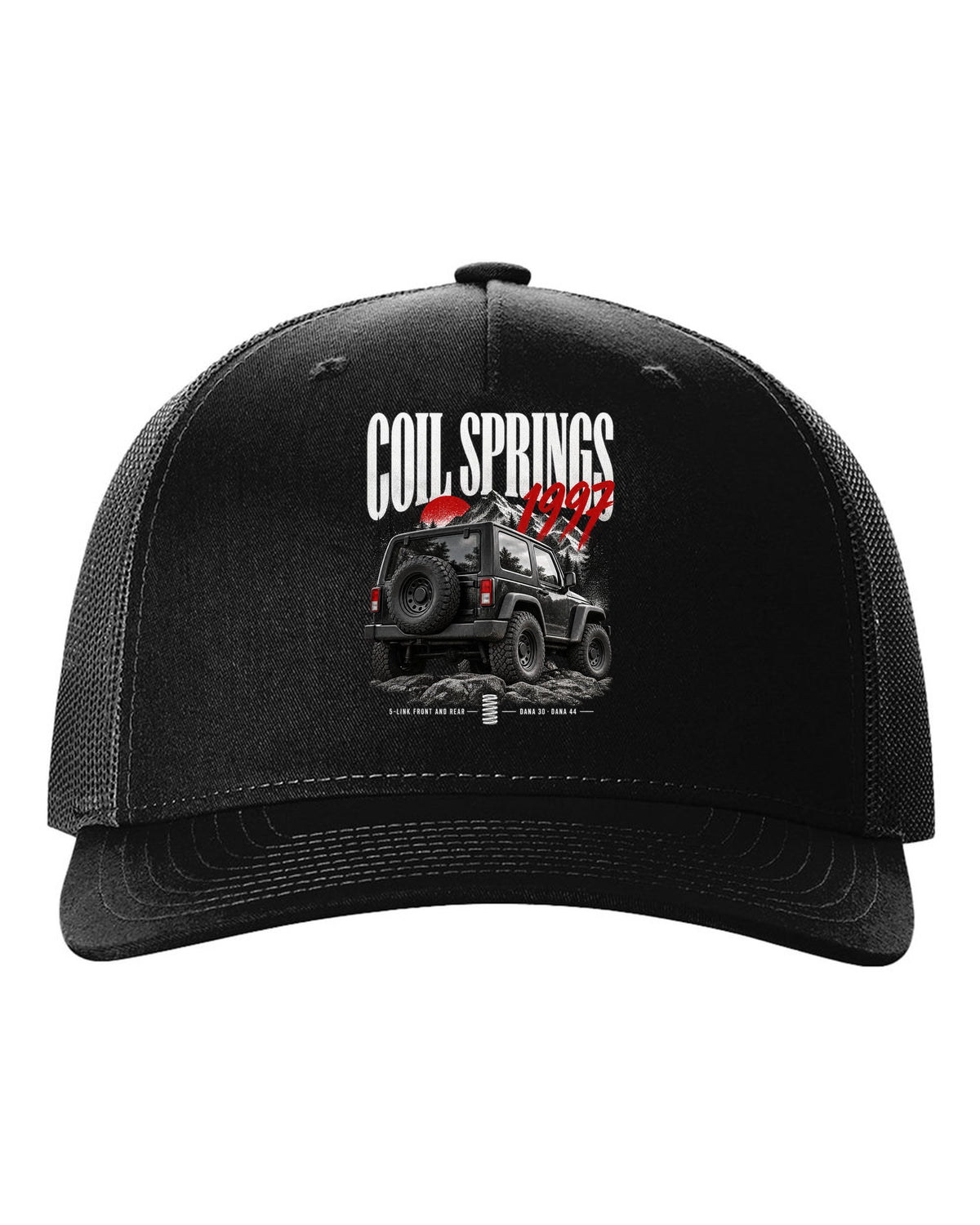 Editorial print for the Jeep Wrangler TJ, coil springs 5-link Dana 30 and Dana 44 black hat front view with the design