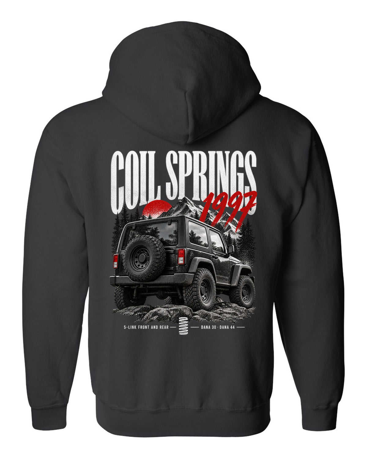 Editorial print for the Jeep Wrangler TJ, coil springs 5-link Dana 30 and Dana 44 black zip hoodie back view with the design
