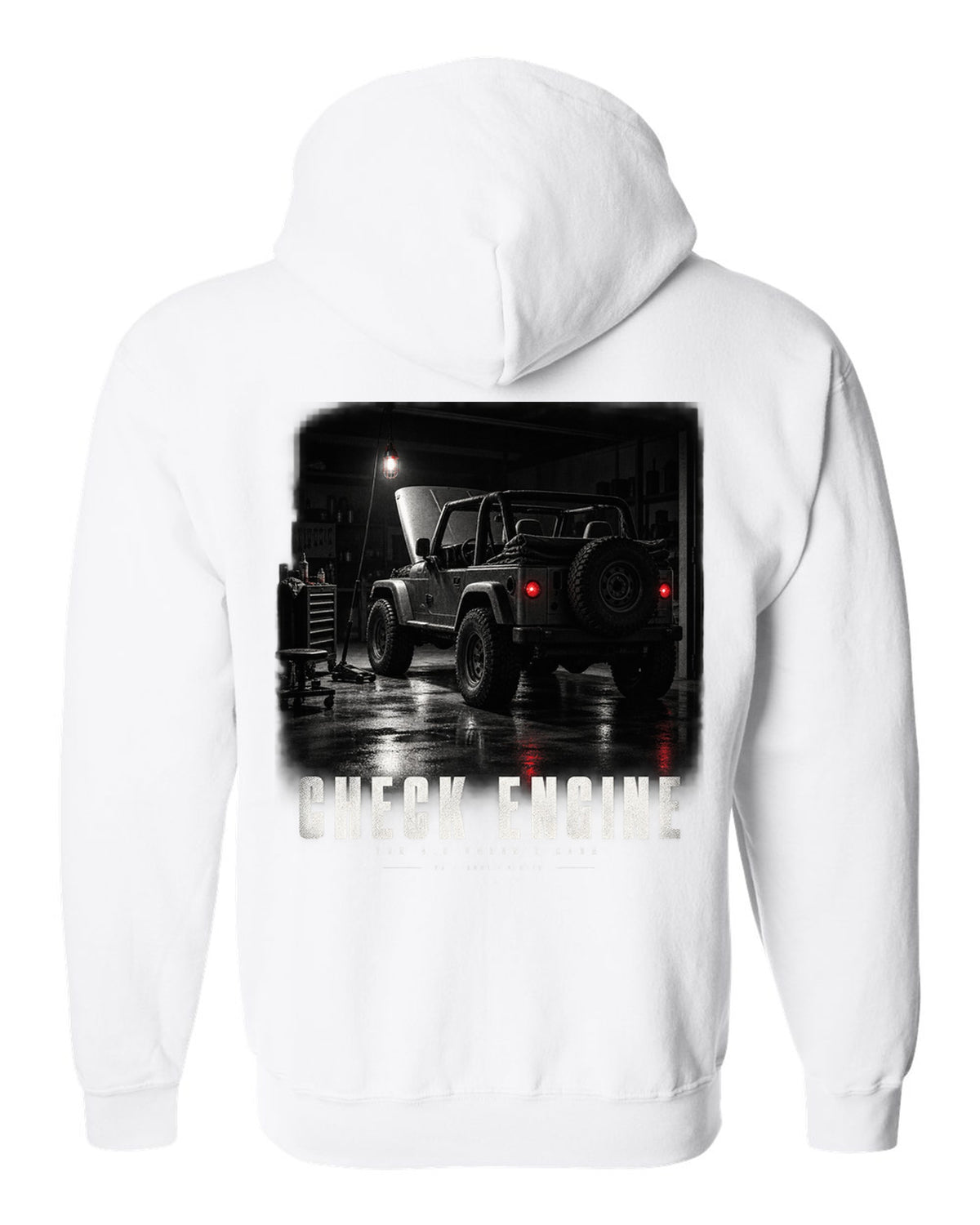 Garage night print for the Jeep Wrangler TJ, Check Engine The 4.0 Doesn't Care white zip hoodie back view with the design