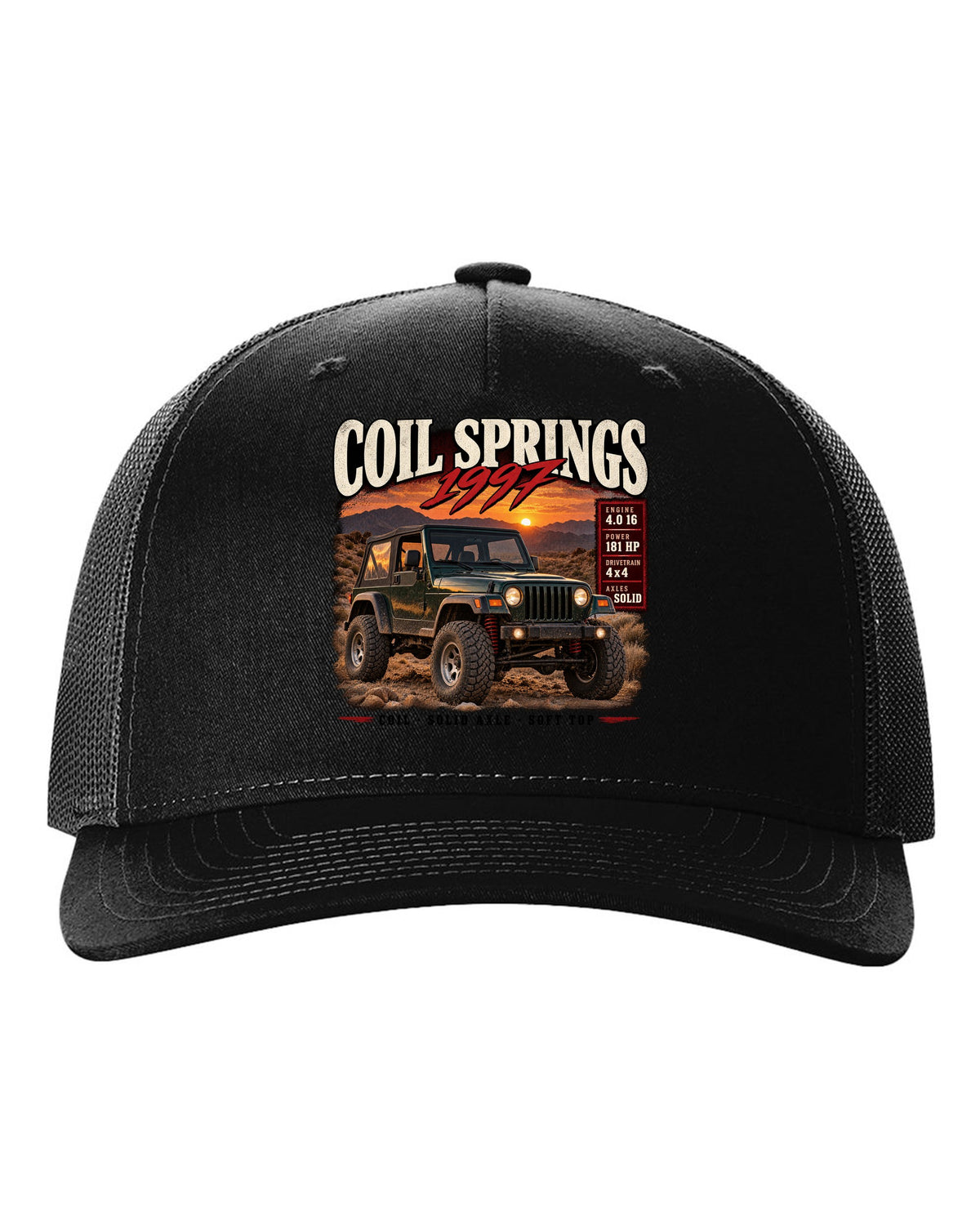 Archive panel print for the Jeep Wrangler TJ, Coil Springs 1997 Finally black hat front view with the design