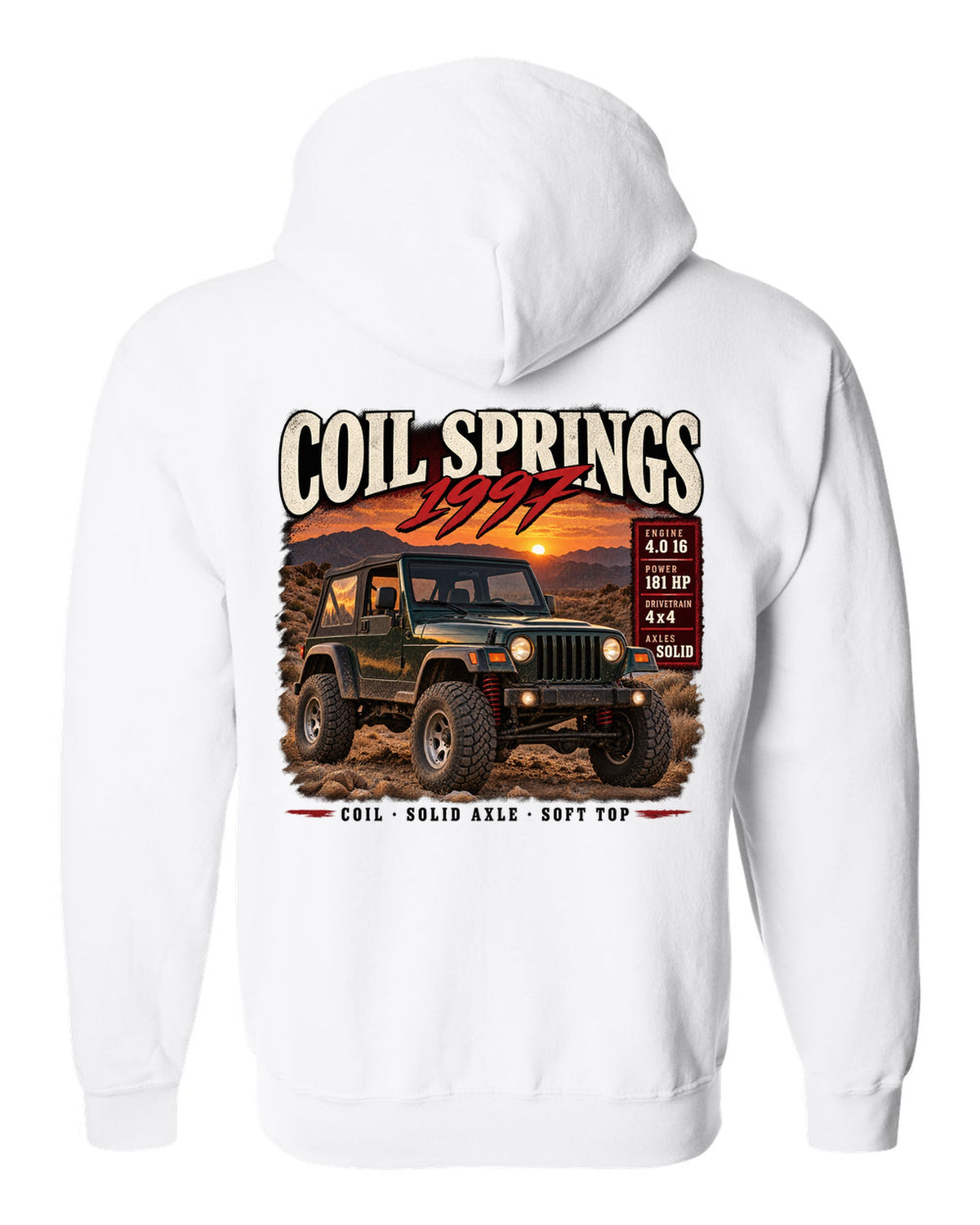 Archive panel print for the Jeep Wrangler TJ, Coil Springs 1997 Finally white zip hoodie back view with the design