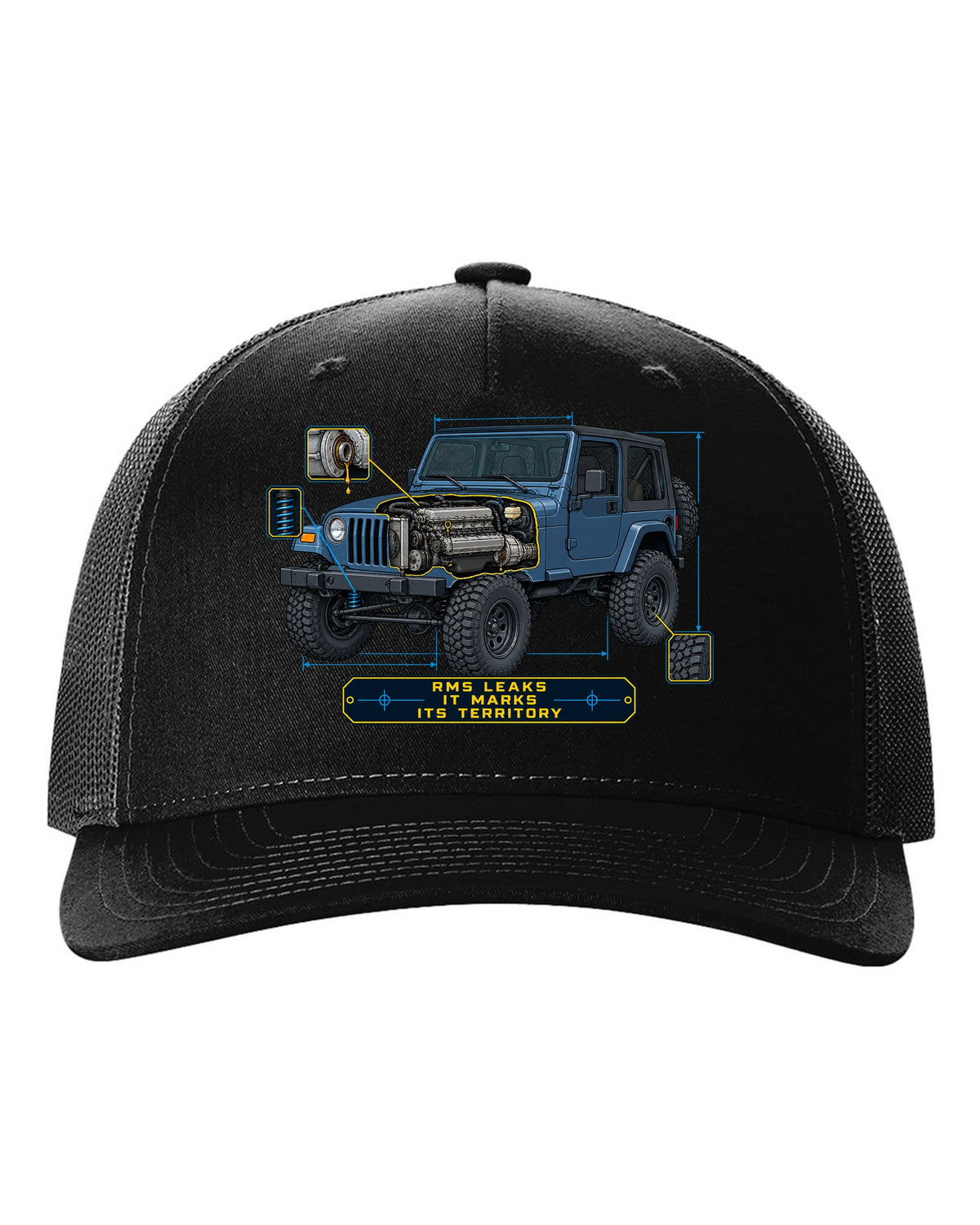 Blueprint style engine cutaway of a Jeep Wrangler TJ with RMS LEAKS IT MARKS ITS TERRITORY lettering black hat front view with the design