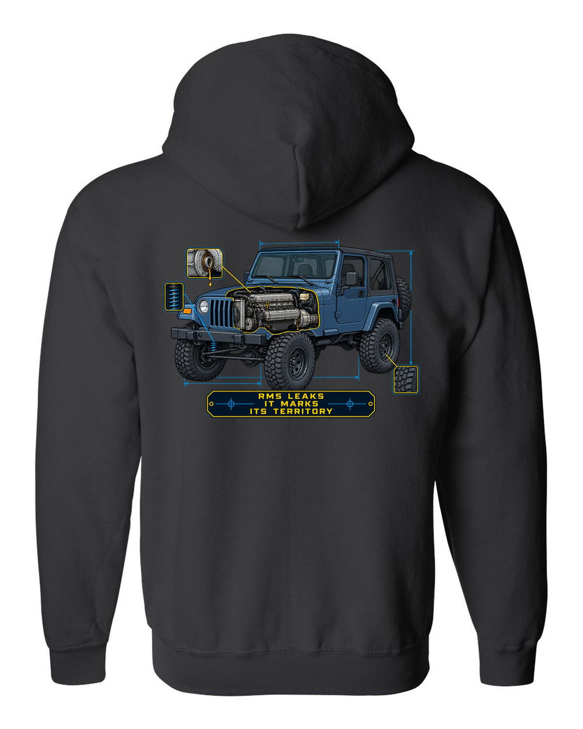 Blueprint style engine cutaway of a Jeep Wrangler TJ with RMS LEAKS IT MARKS ITS TERRITORY lettering black zip hoodie back view with the design