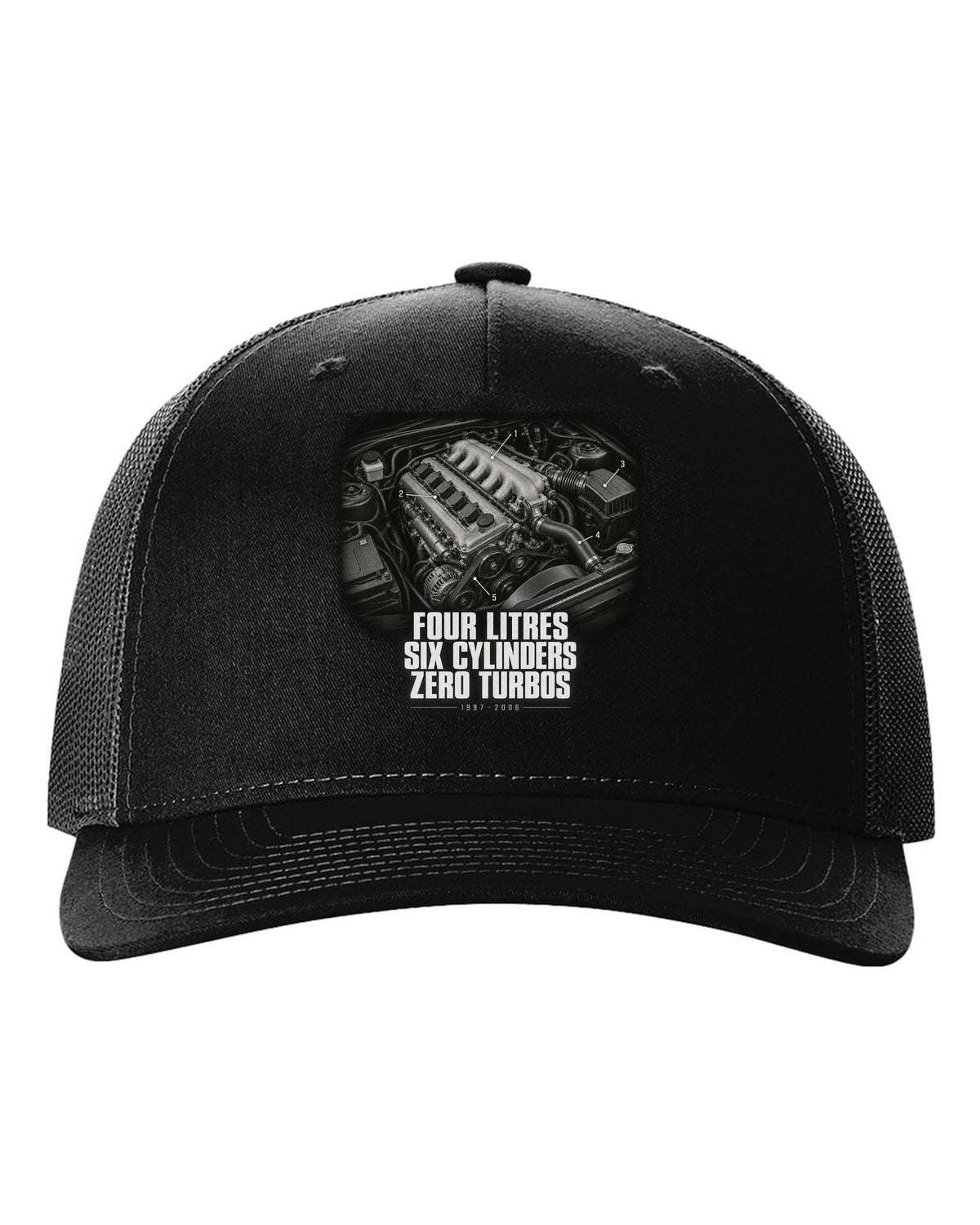 Engine hero print for the Jeep Wrangler TJ, Four Litres Six Cylinders Zero Turbos black hat front view with the design