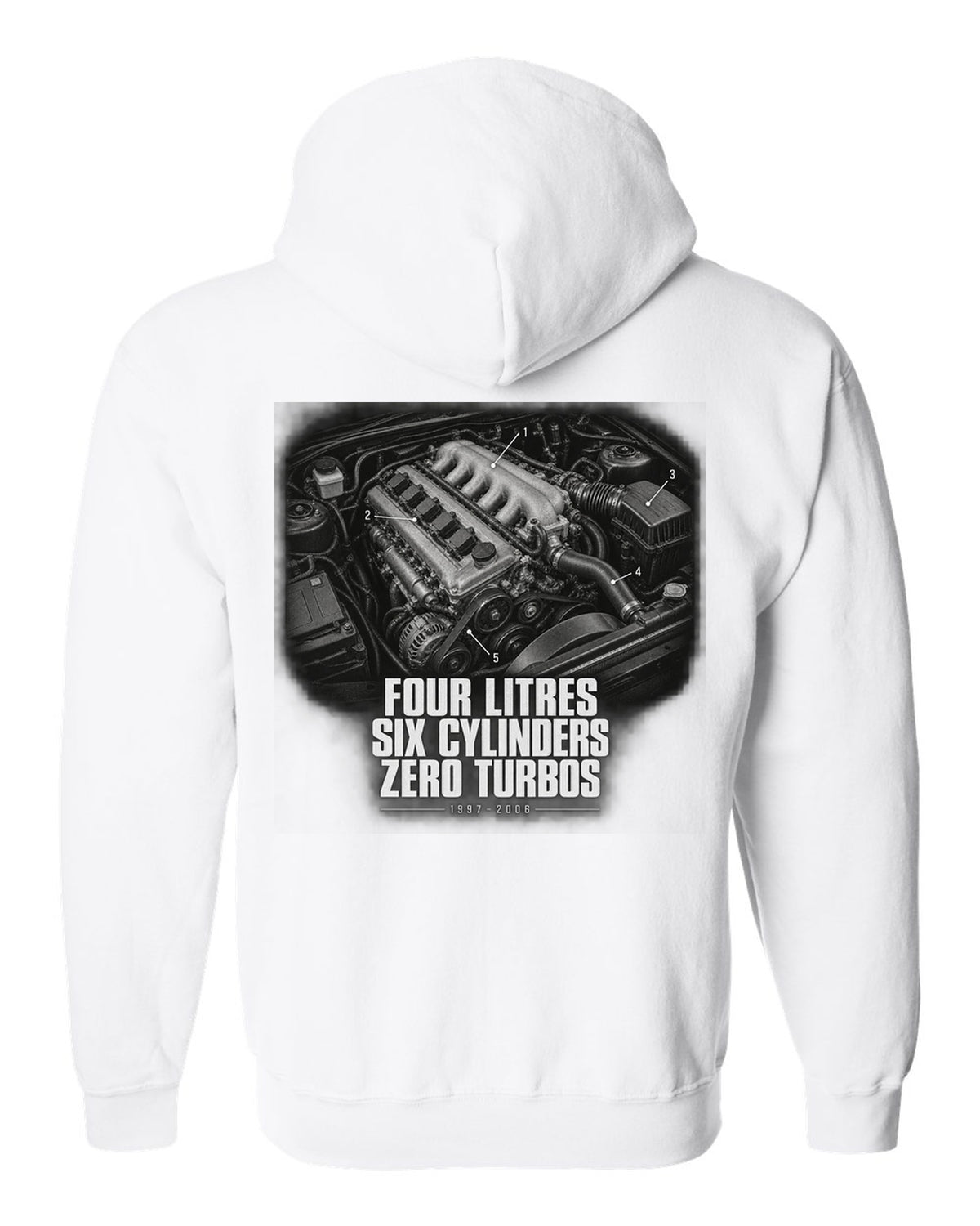 Engine hero print for the Jeep Wrangler TJ, Four Litres Six Cylinders Zero Turbos white zip hoodie back view with the design