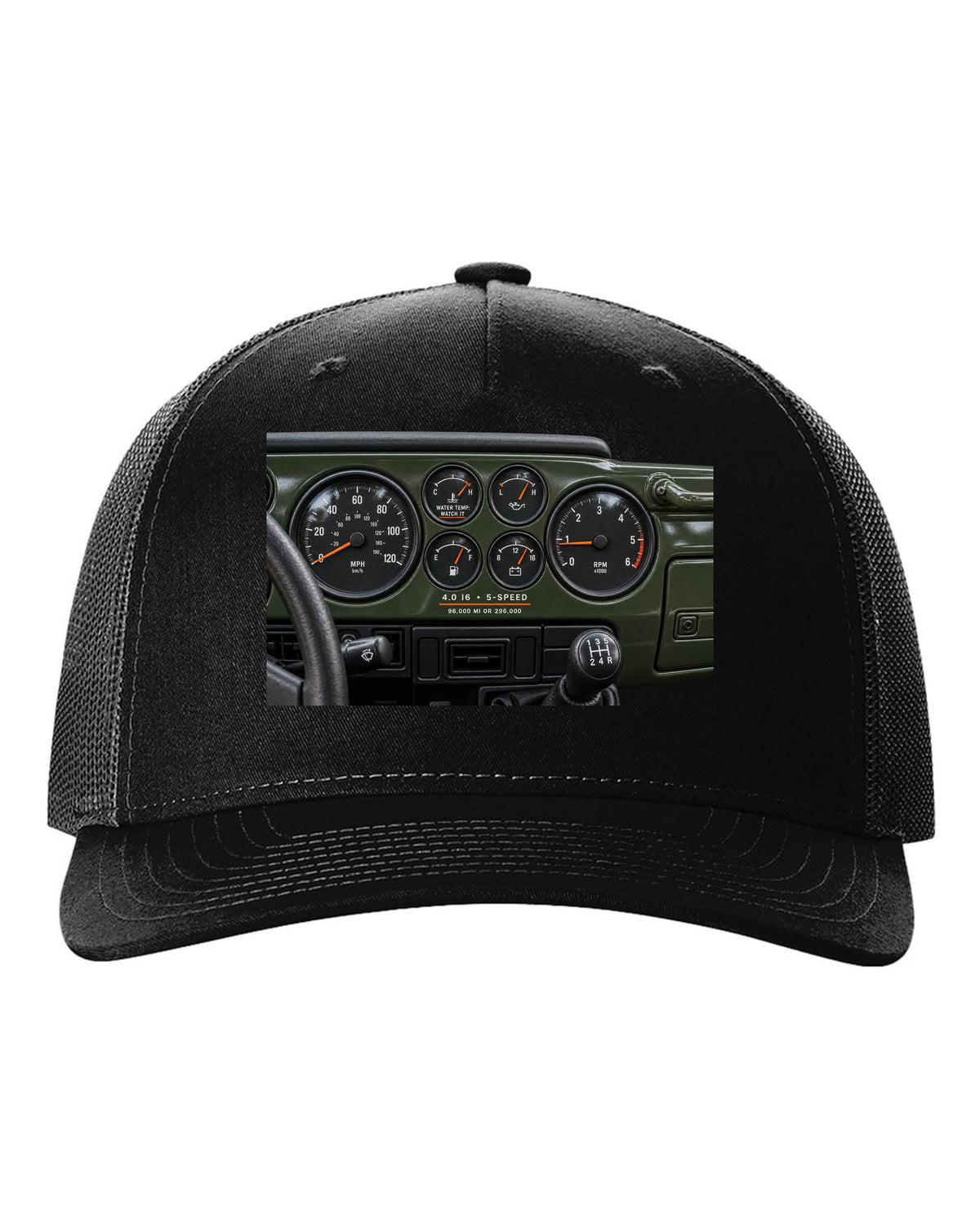 Gauge cluster print for the Jeep Wrangler TJ 4.0 I6, 1997-2006 black hat front view with the design