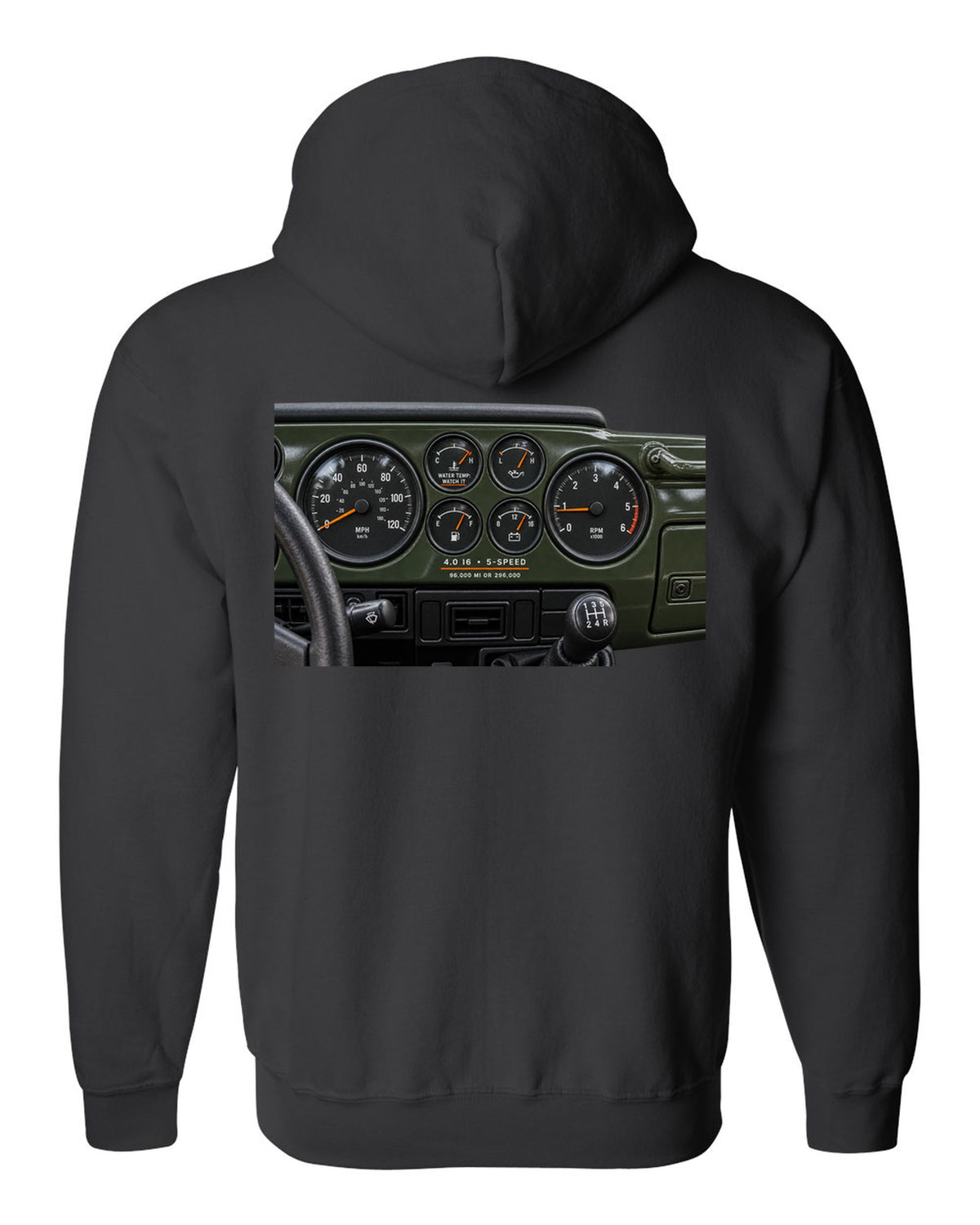 Gauge cluster print for the Jeep Wrangler TJ 4.0 I6, 1997-2006 black zip hoodie back view with the design