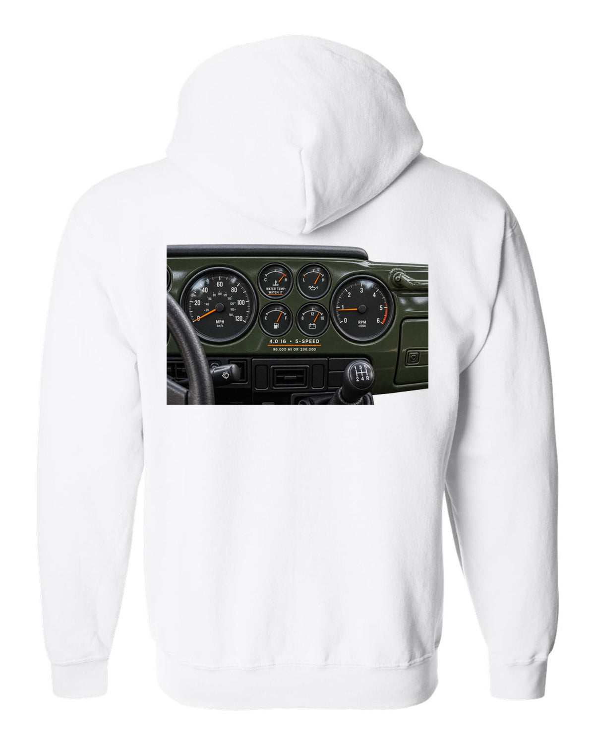 Gauge cluster print for the Jeep Wrangler TJ 4.0 I6, 1997-2006 white zip hoodie back view with the design