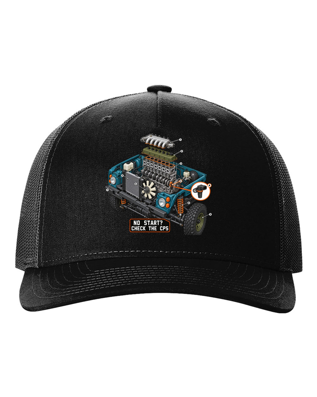 Exploded cutaway engine print of a Jeep Wrangler TJ with check the CPS text black hat front view with the design